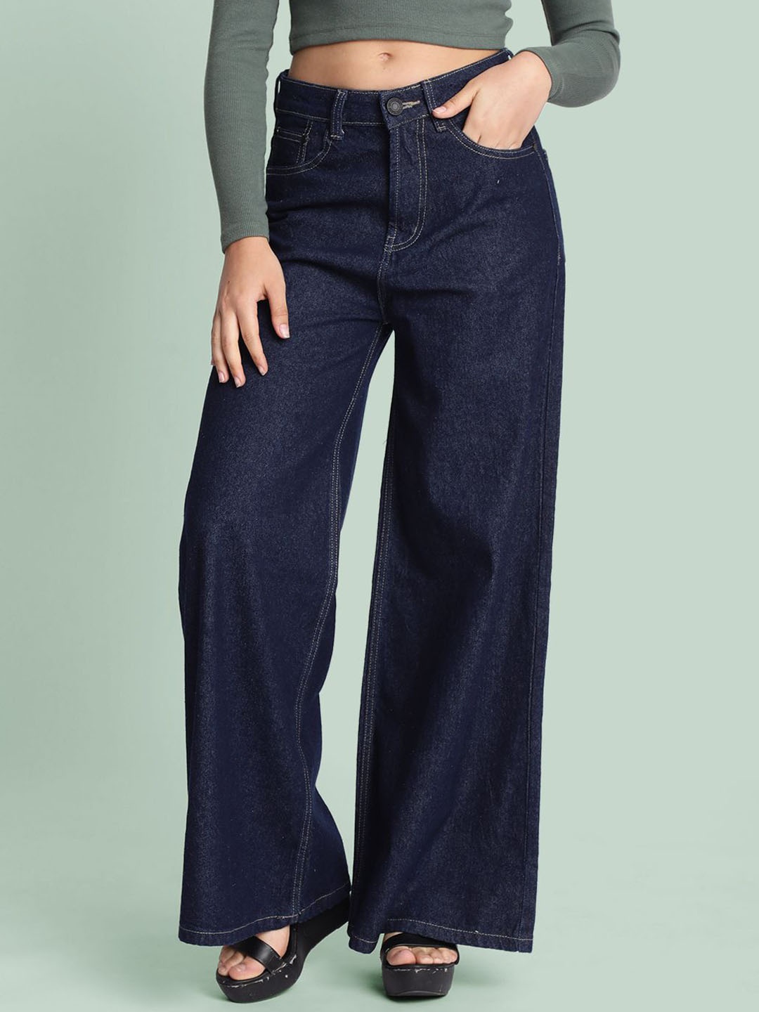 

Bene Kleed Women Cotton Wide Leg Jeans, Navy blue