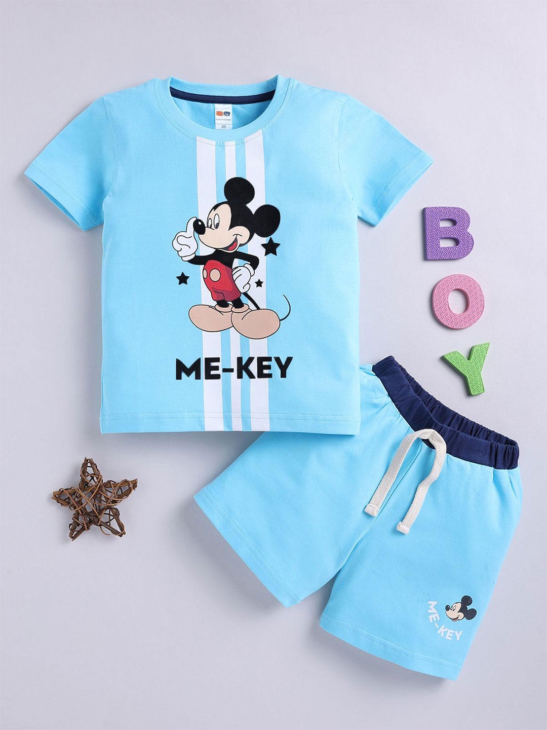 

LITTLE NINJA Boys Printed Round Neck Pure Cotton T-Shirt With Shorts, Blue