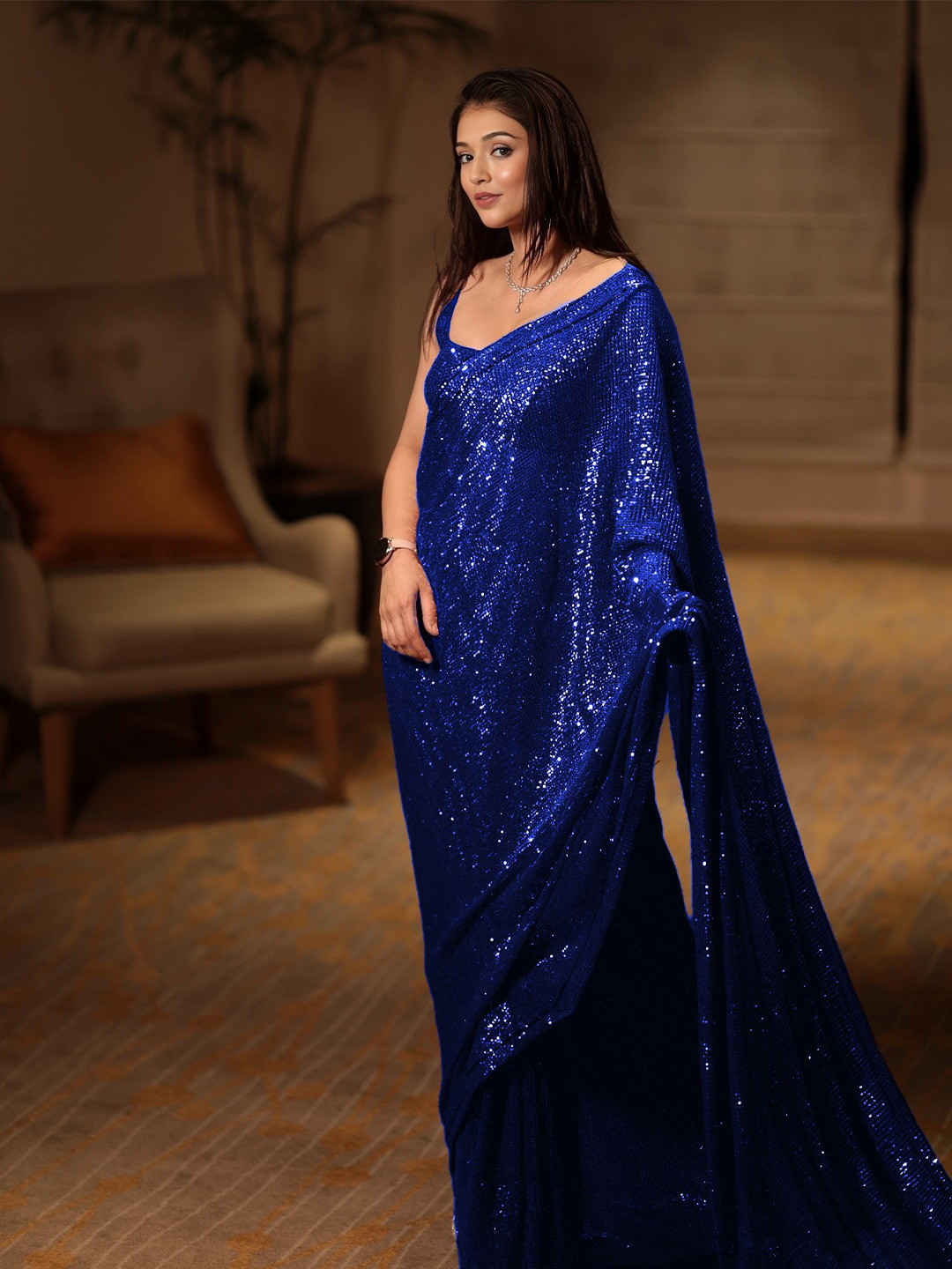 

ANJANI TEXTILE Embellished Sequinned Saree, Blue