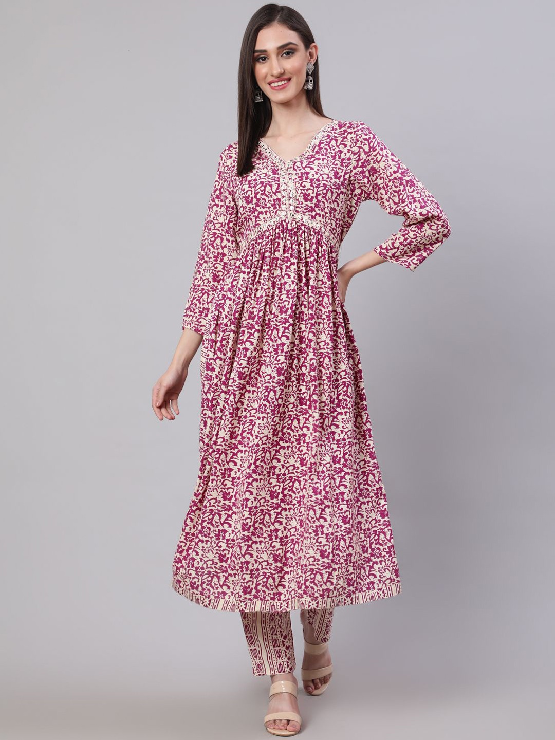 

Viharini Floral Printed V Neck Mirror Work Empire Kurta With Trousers, Pink