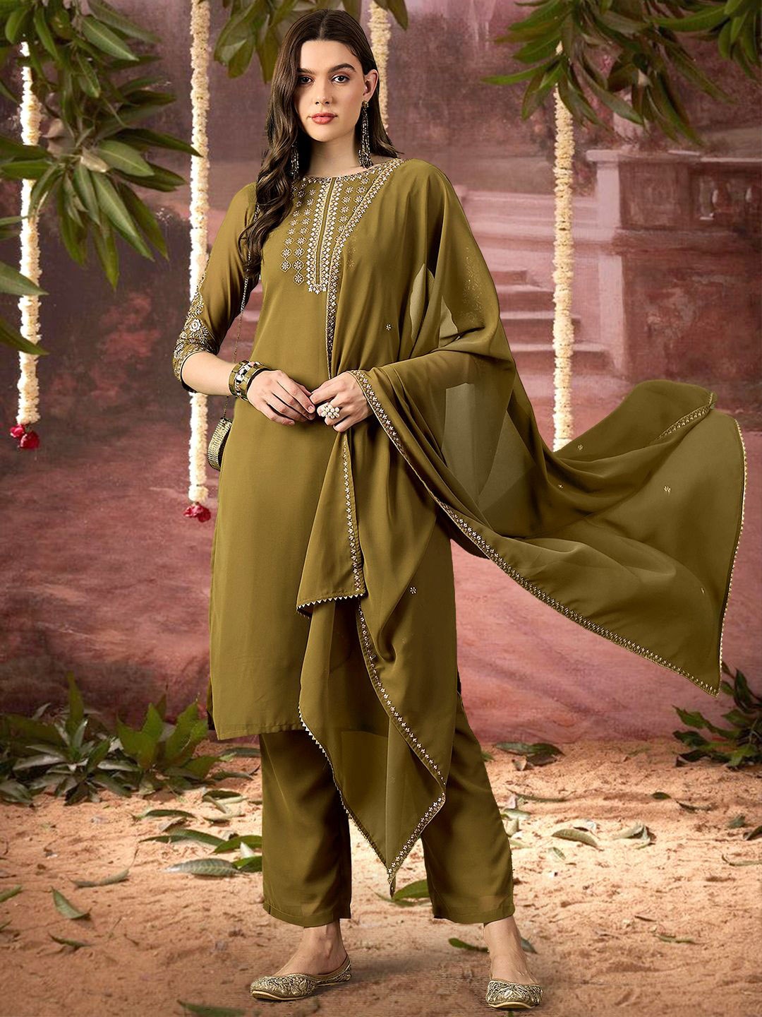 

SheWill Floral Embroidered Sequinned Georgette Straight Kurta With Trouser & Dupatta, Olive