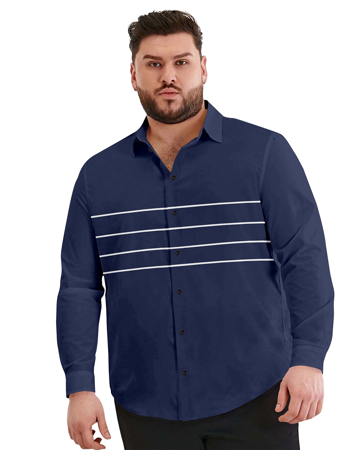 

Aloof Men Classic Fit Spread Collar Horizontal Striped Cotton Casual Shirt, Navy blue