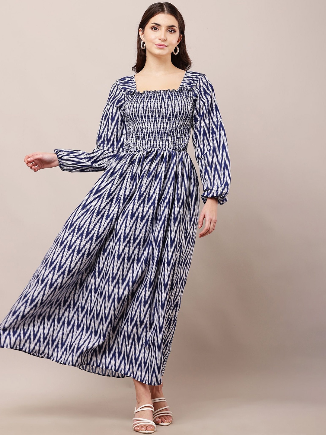 

Bright Nex Printed Puff Sleeve Crepe Fit & Flare Maxi Dress, Navy blue