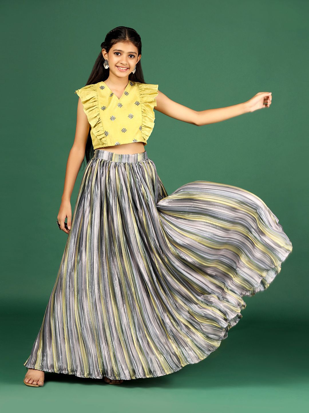 

Sangria Girls Embroidered Sequinned Ready To Wear Lehenga With Blouse, Yellow