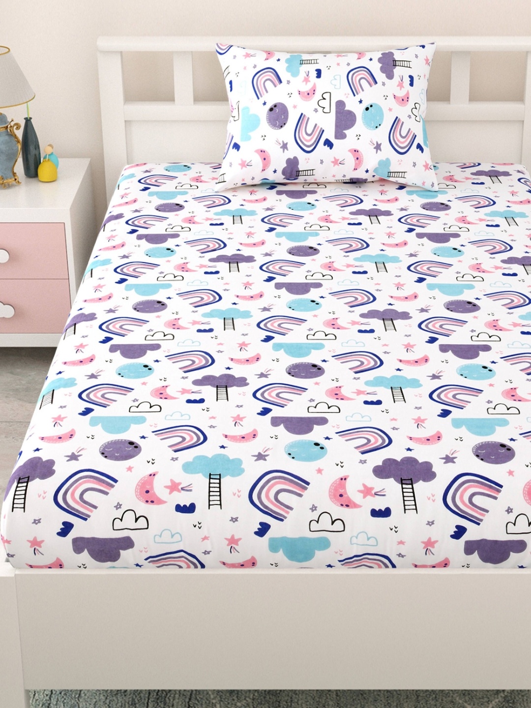 

MAFATLAL Kids White And Purple Printed Cotton 144 TC Single Bedsheet Set