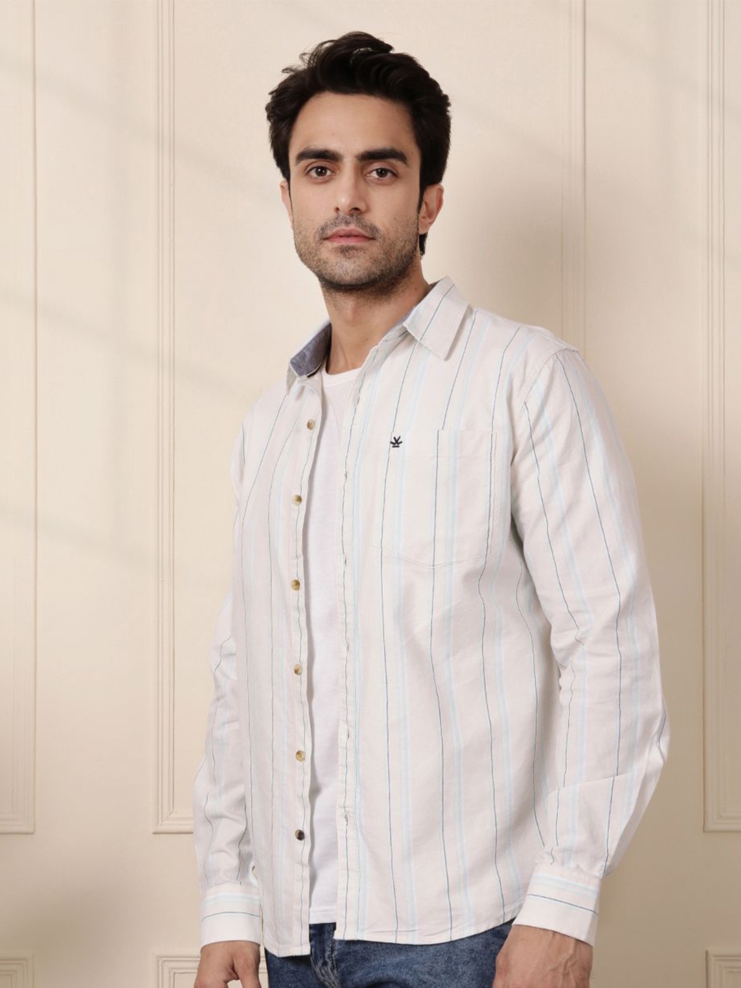 

WROGN Men Comfort Fit Spread Collar Vertical Striped Cotton Casual Shirt, White