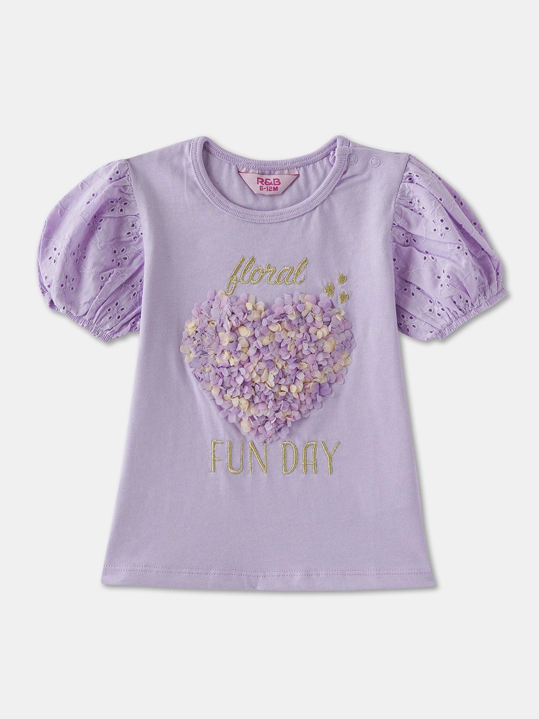 

R&B Cotton Girls Printed Puff Sleeves Round Neck Cotton Top, Purple