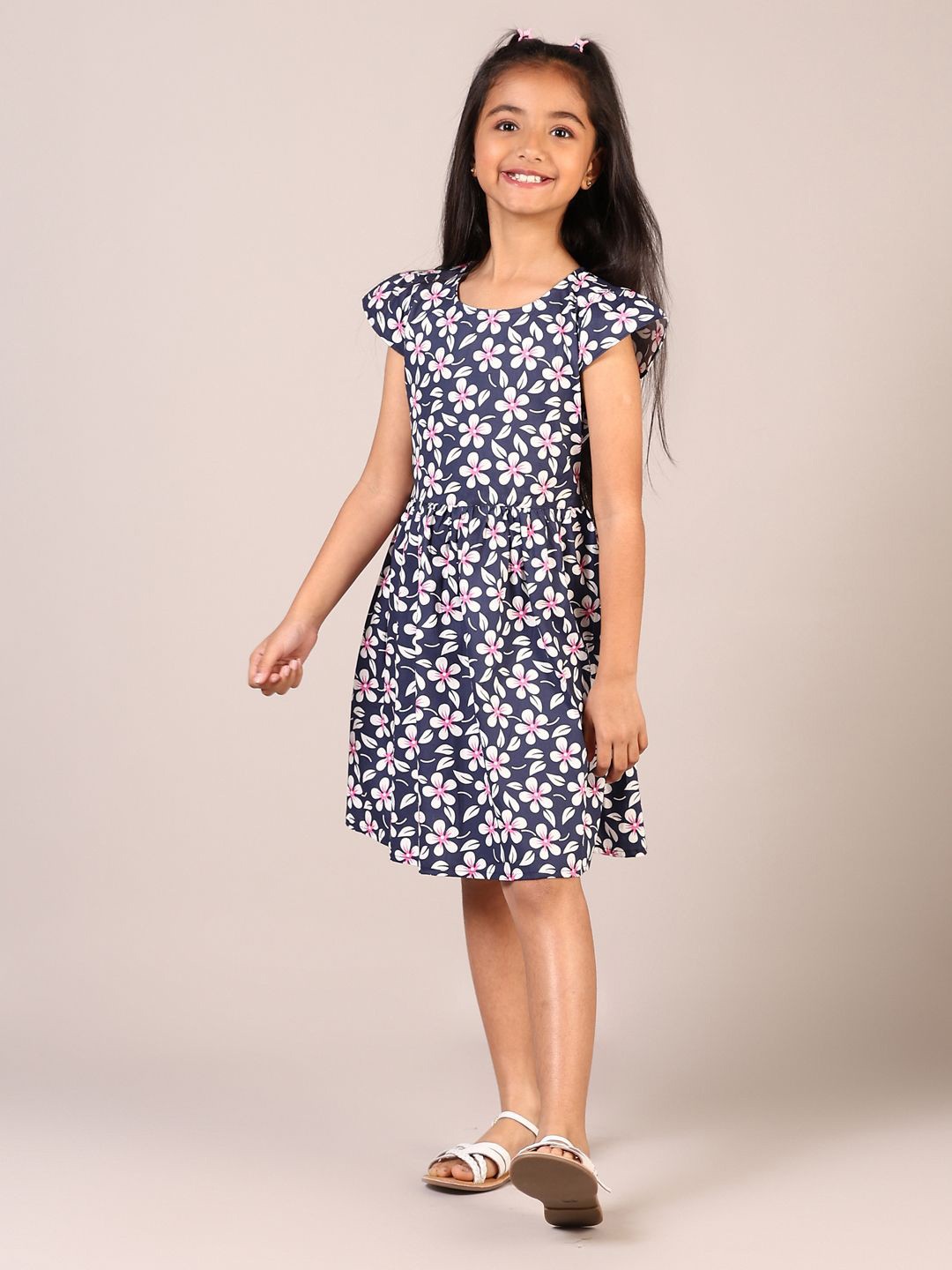 

V-Mart Girls Floral Print Cotton Fit & Flare Dress, Navy blue