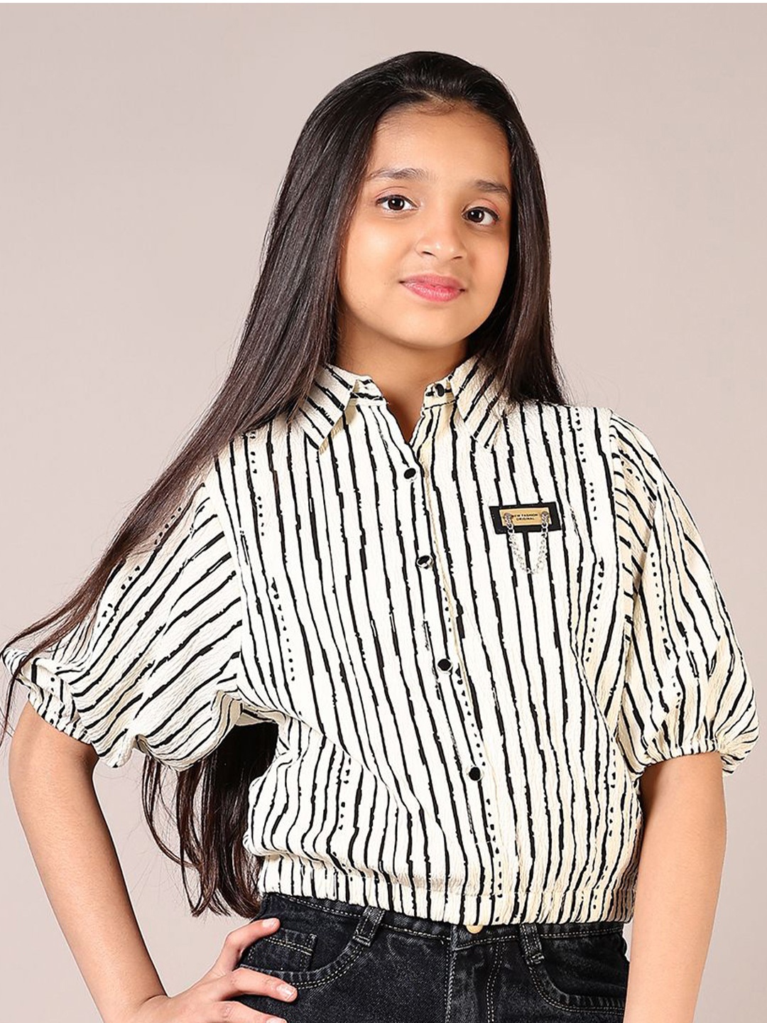 

V-Mart Girls Striped Puff Sleeves Shirt Style Cotton Top, White