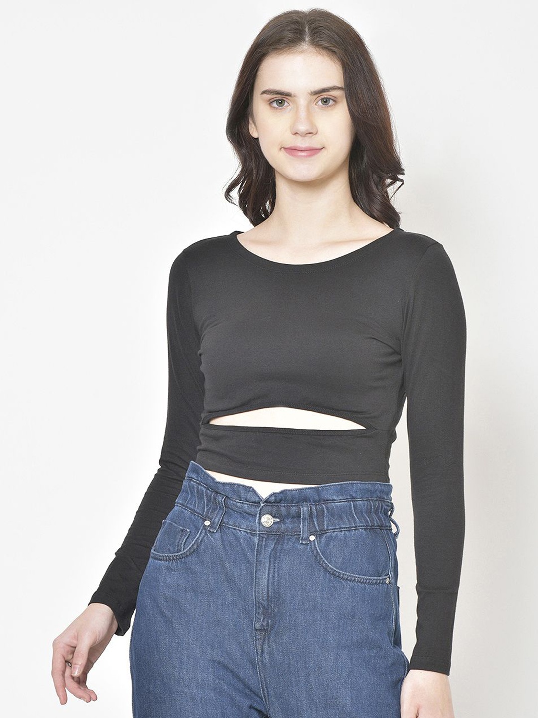 

Moda Rapido Women Round Neck Pure Cotton Cut Out Top, Black