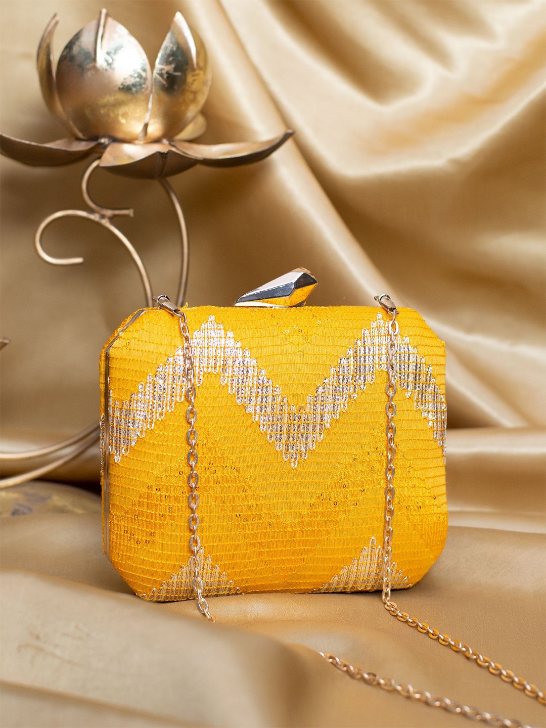 

ARTKLIM Zig Zag Embroidered Box Clutch, Yellow