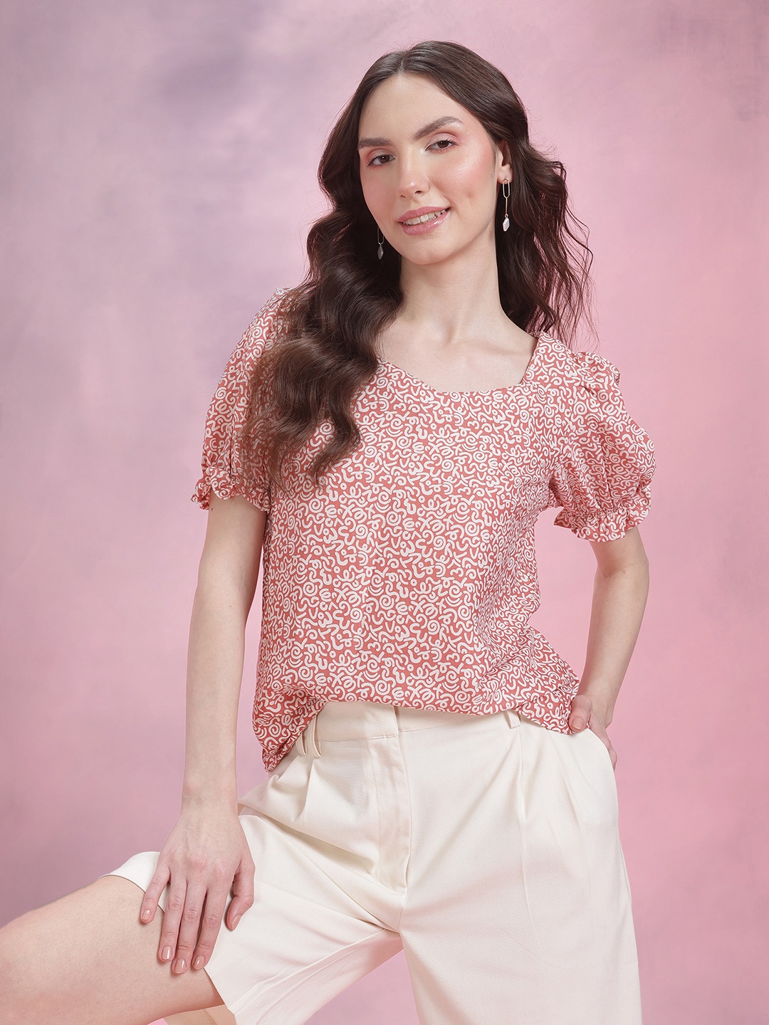 

DressBerry Animal Printed Puff Sleeves Regular Top, Pink
