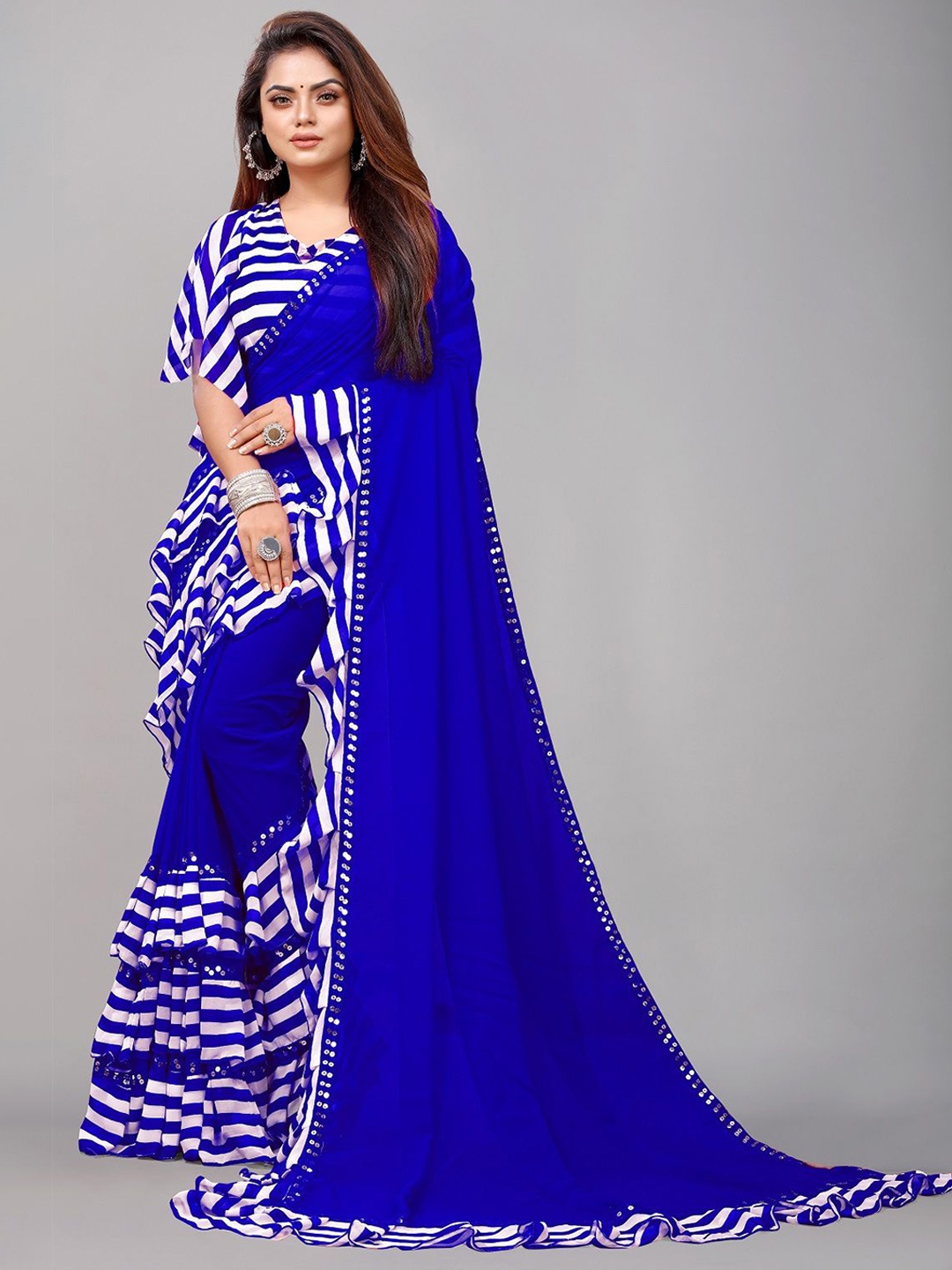 

Moda Rapido Mirror Work Pure Georgette Ruffles Leheriya Saree, Blue