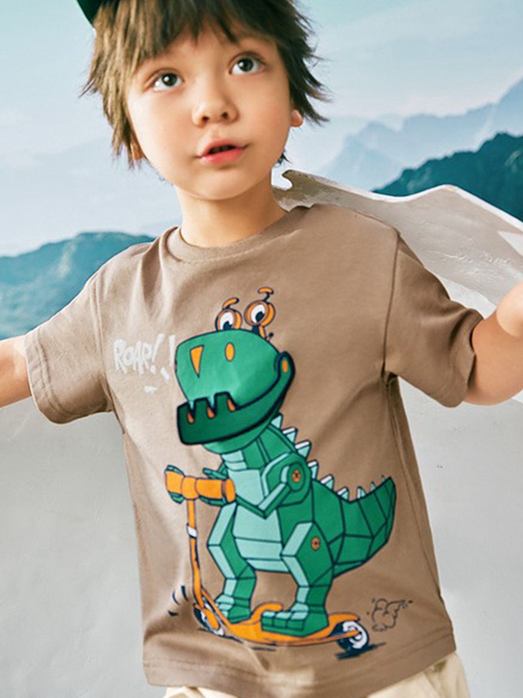 

LULU & SKY Boys Graphic Printed Round Neck Cotton T-shirt, Khaki