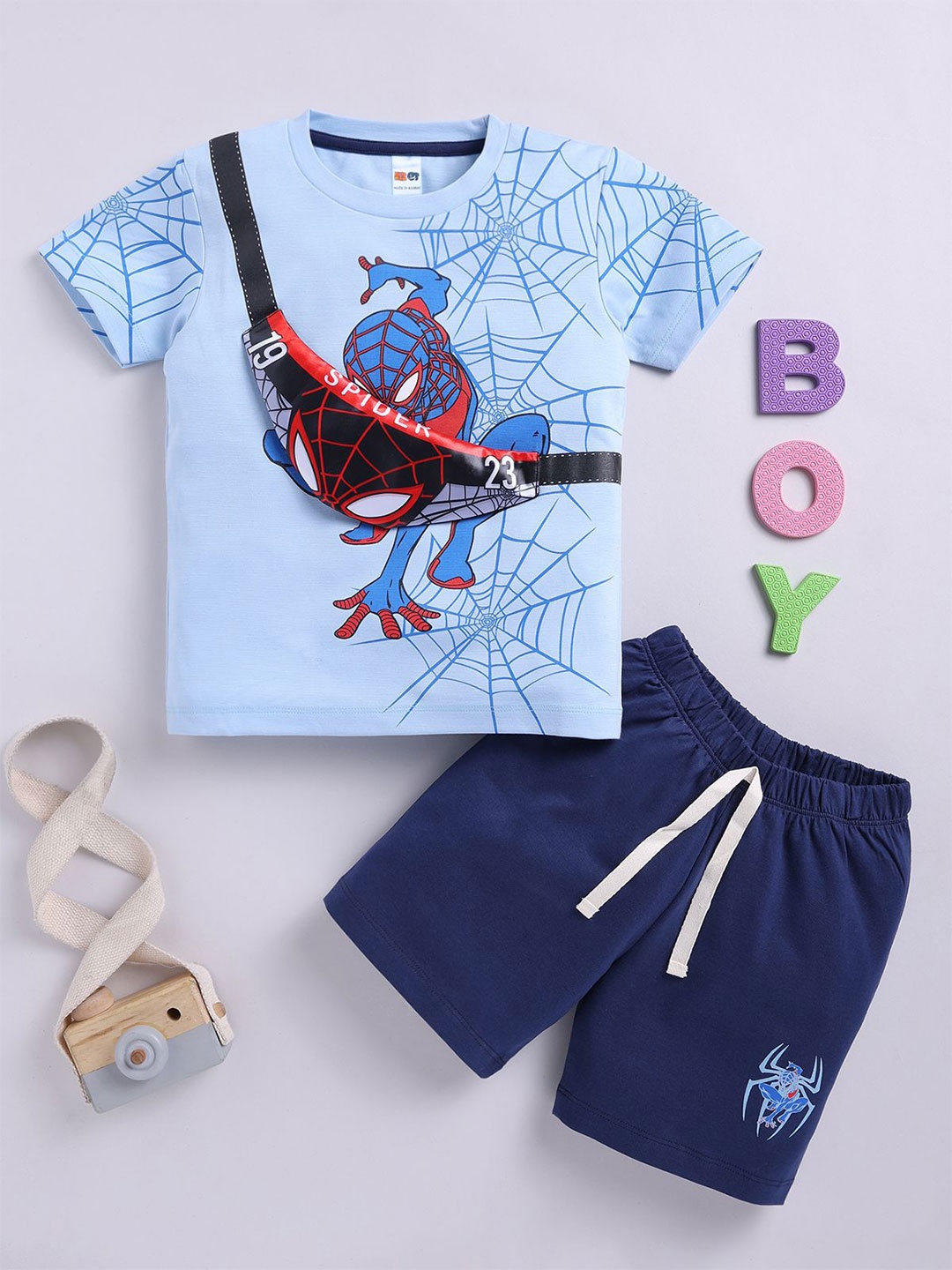 

LITTLE NINJA Boys Printed Round Neck Pure Cotton T-Shirt With Shorts, Blue