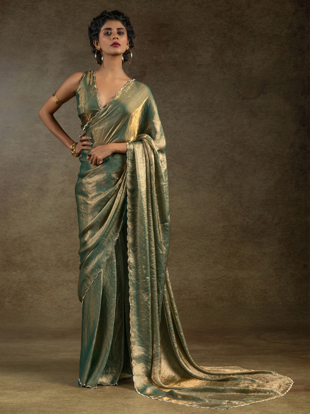 

Saree mall Embellished Beads and Stones Satin Ready to Wear Sarees, Green