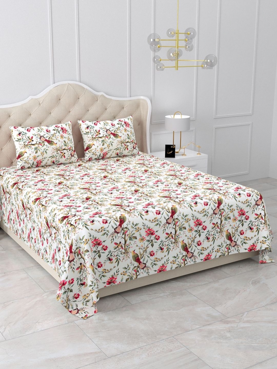 

BELLA CASA Snow Petals Green Floral Printed 210 TC King Bedsheet Set 2.42 m x 2.74 m, White