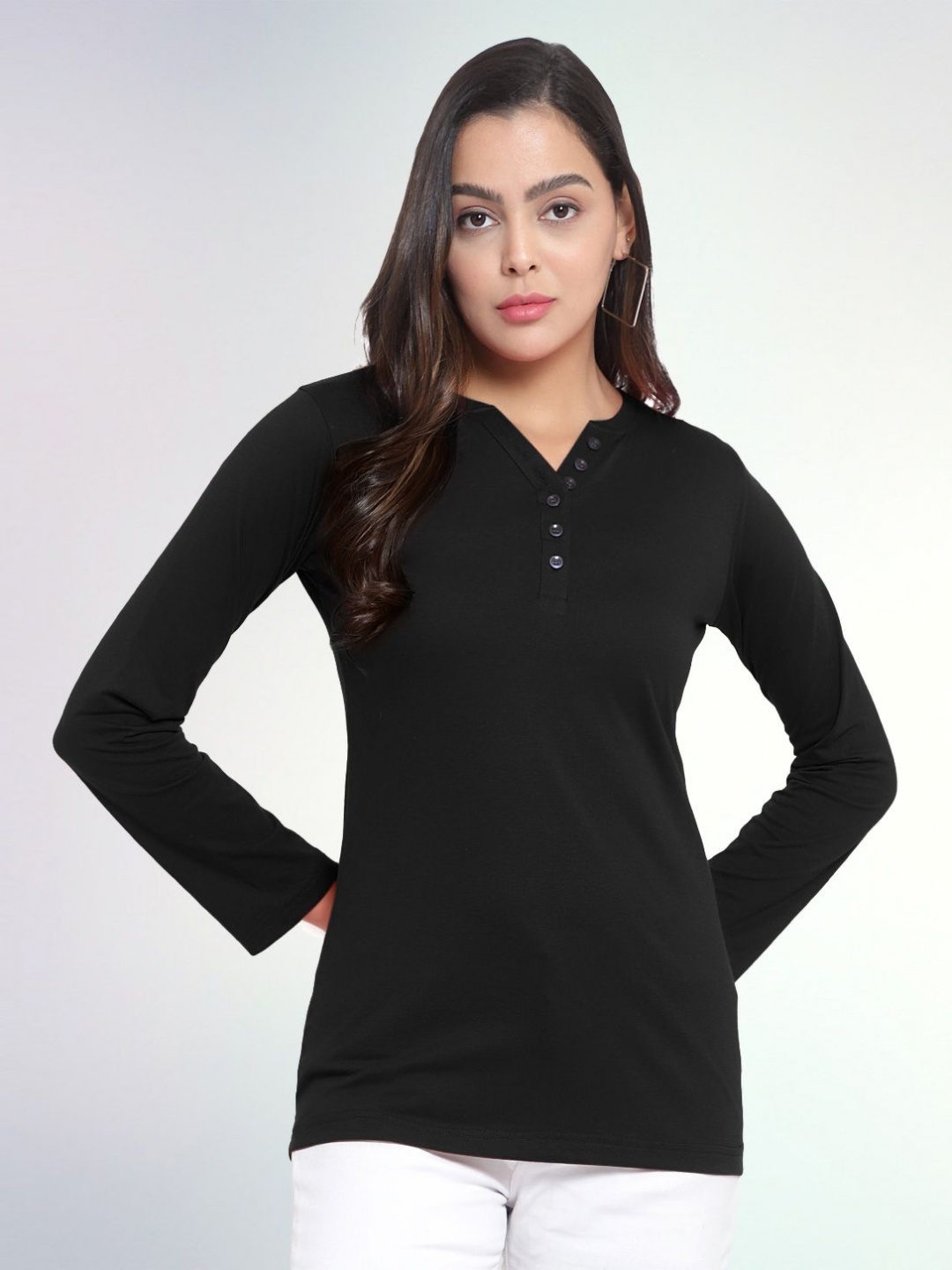 

Boldwink Women Solid V-Neck Cotton Slim Fit T-shirt, Black