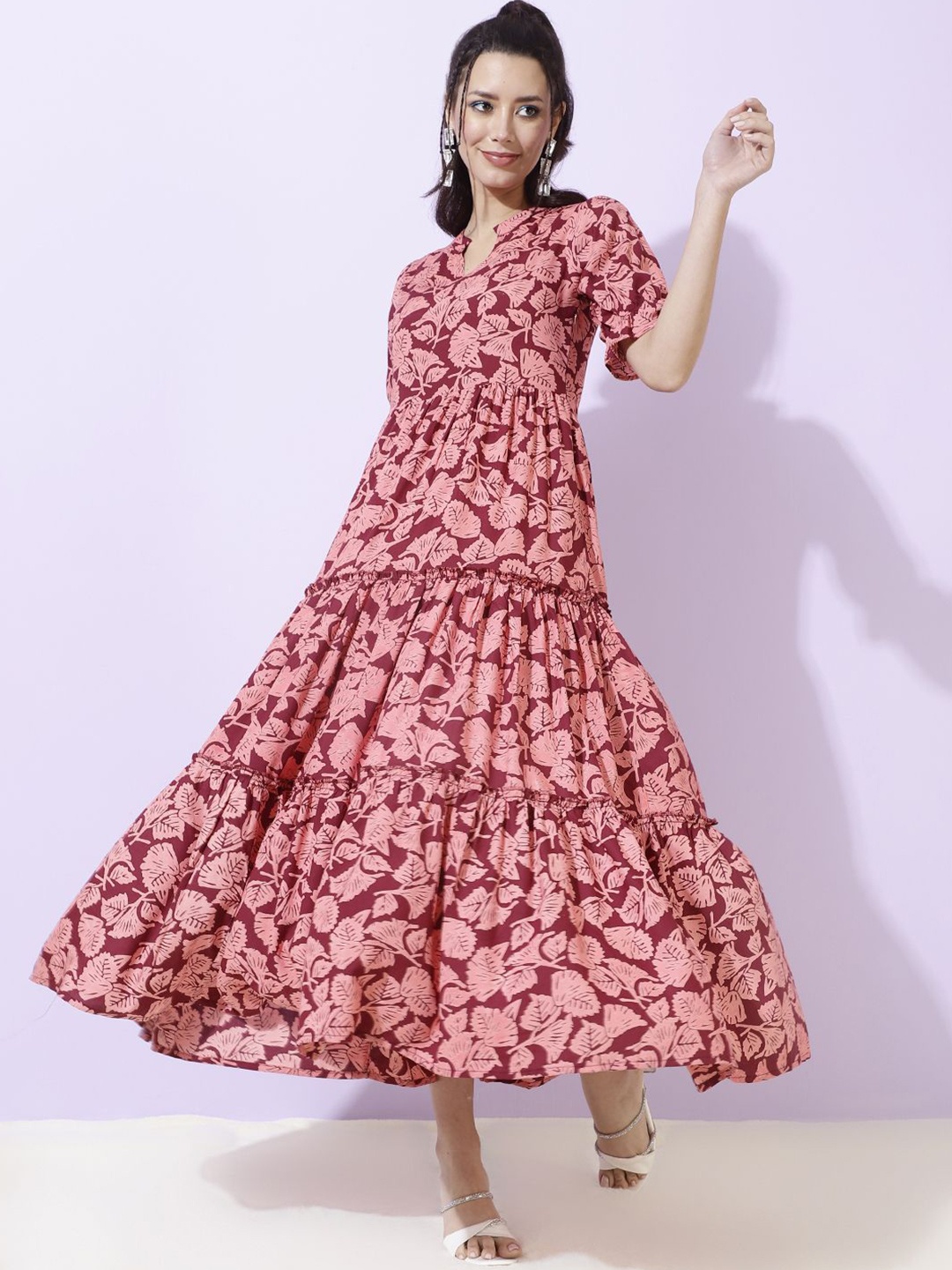 

GLAMALUE Women Tropical Printed Tiered Fit and Flare Midi Dress, Maroon