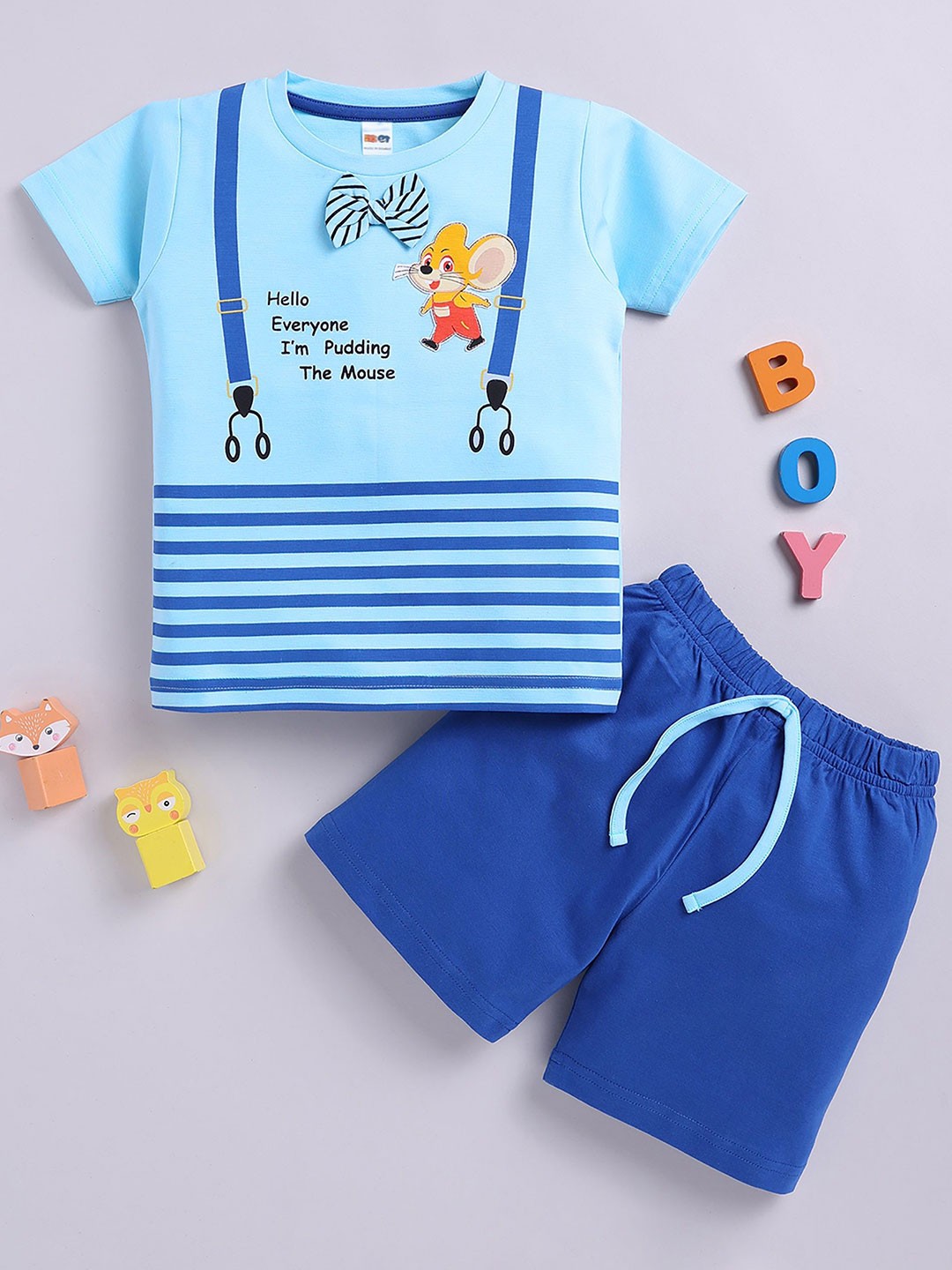 

LITTLE NINJA Boys Printed Round Neck Pure Cotton T-Shirt With Shorts, Blue