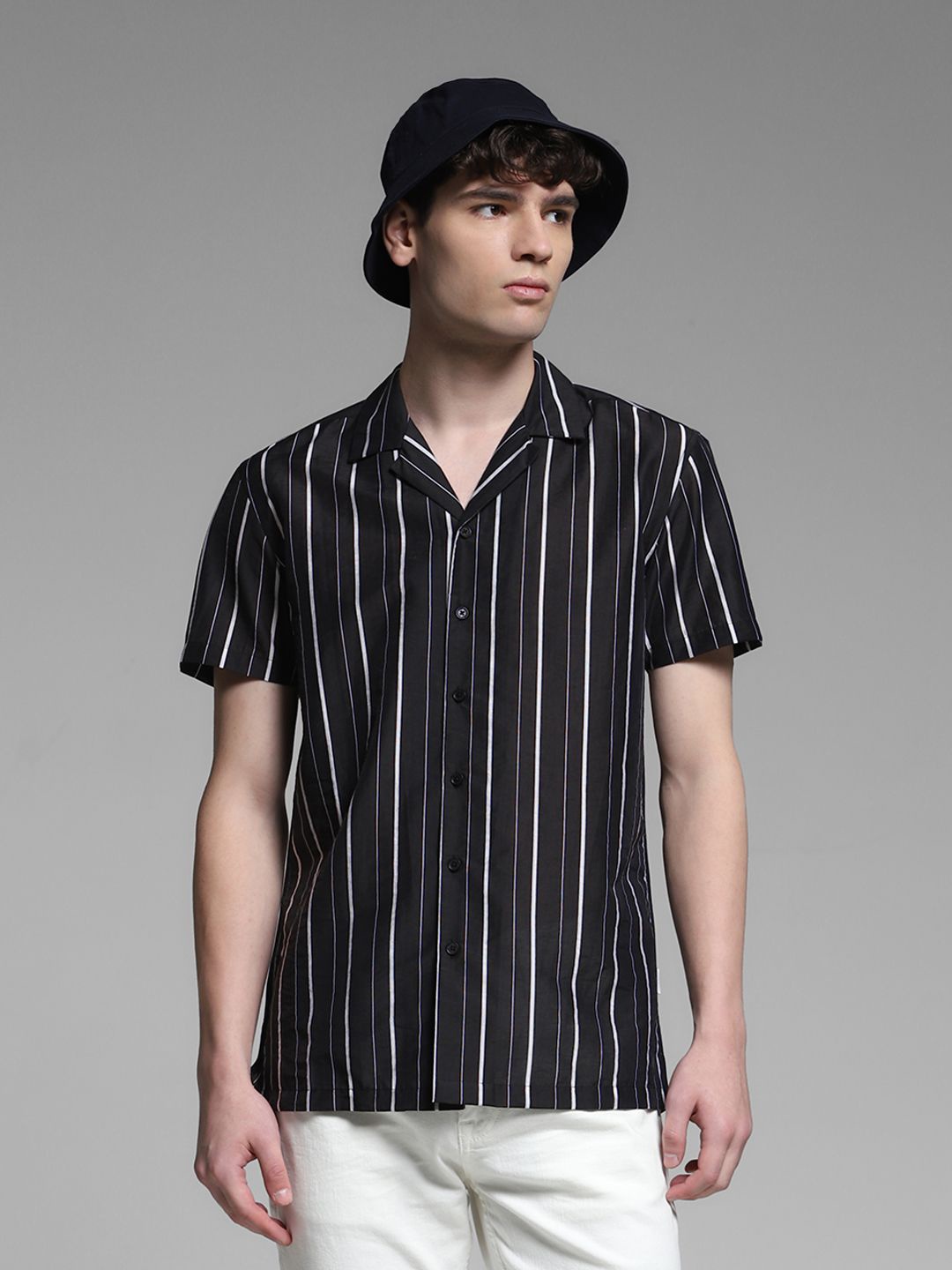 

Jack & Jones Men Cuban Collar Vertical Striped Casual Shirt, Black