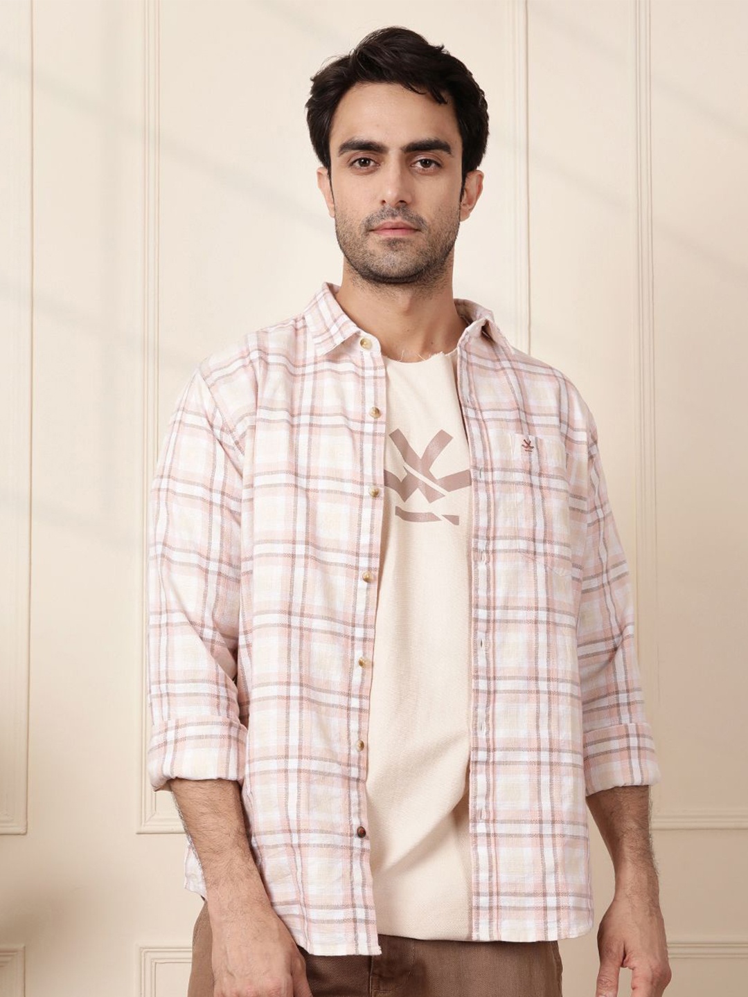

WROGN Men Comfort Fit Spread Collar Checked Cotton Casual Shirt, Pink