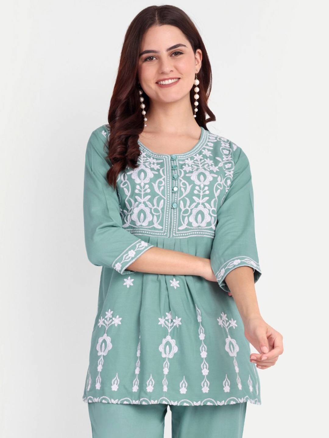 

FNOCKS Embroidered Organic Cotton A-Line Top, Green