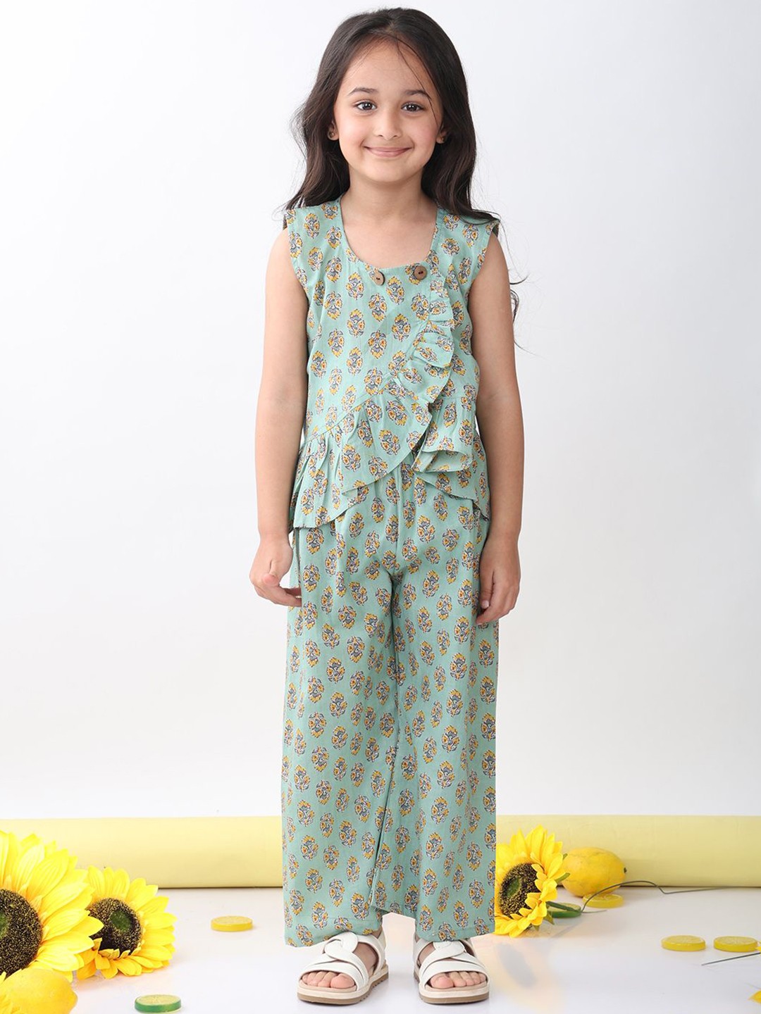 

Sangria Girls Printed Round Neck Pure Cotton Top With Palazzo, Green