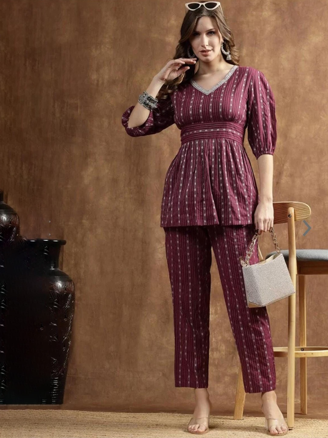 

THAWARJI Printed V Neck Top With Trousers, Maroon