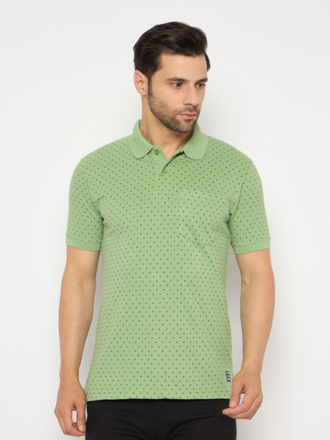 

NEVA Men Geometric Printed Polo Collar Cotton T-shirt, Green