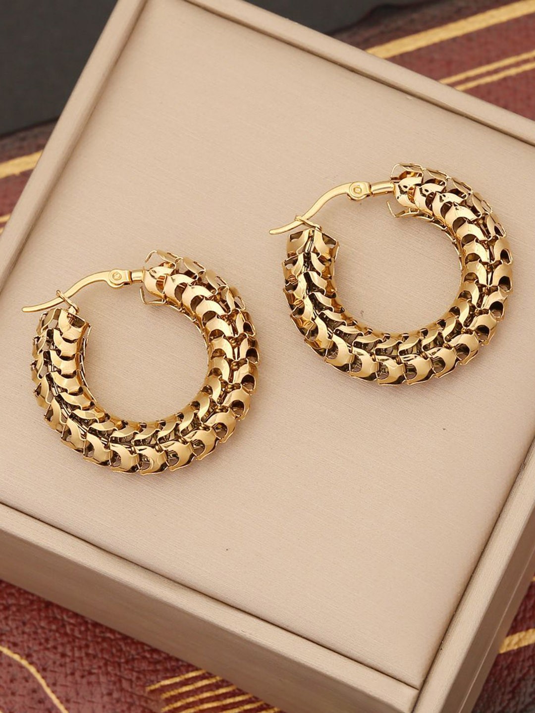 

DressBerry Stainless Steel Gold-Plated Circular Shaped Anti Tarnish Hoop Earrings