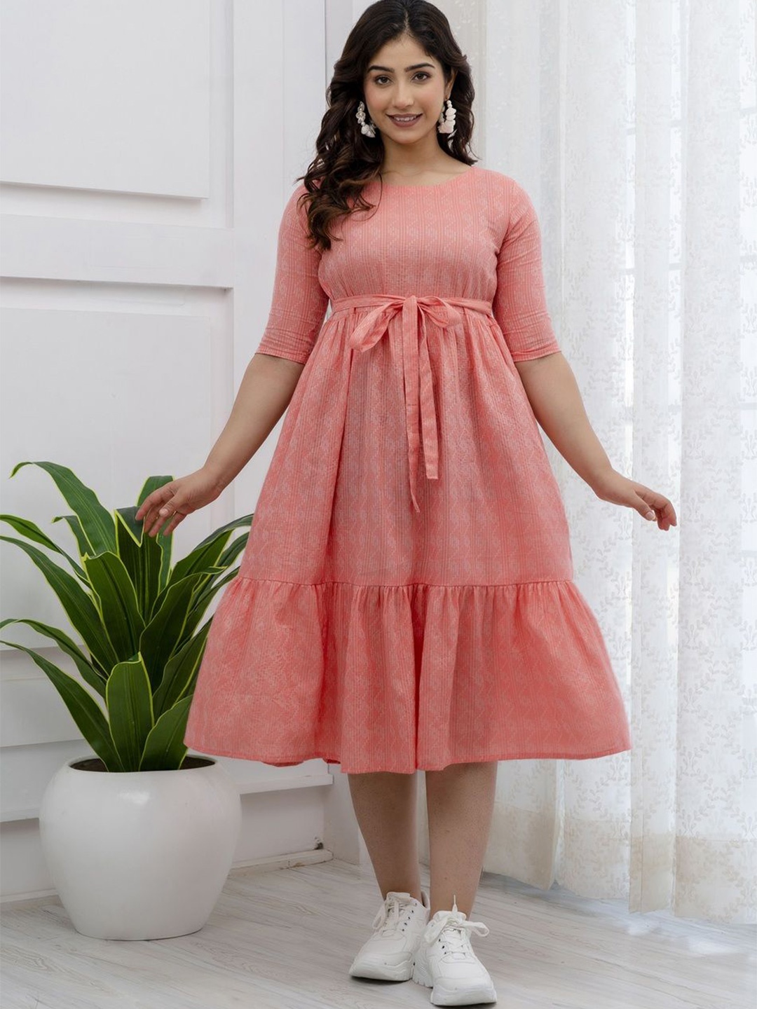 

Jollity Women Round Neck Cotton Fit & Flare Midi Dress, Peach