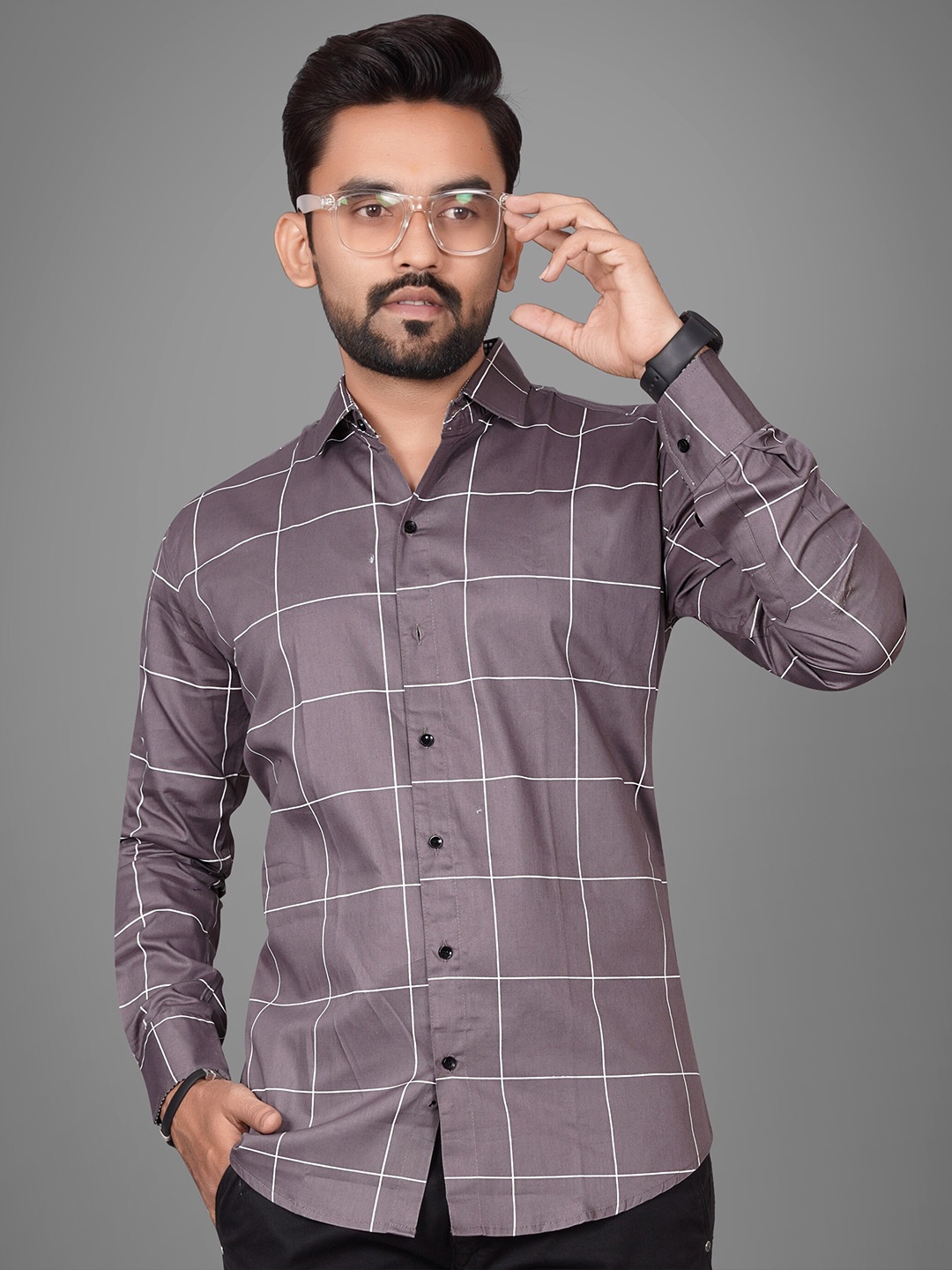

Metronaut Men Regular Fit Spread Collar Windowpane Checked Casual Shirt, Grey