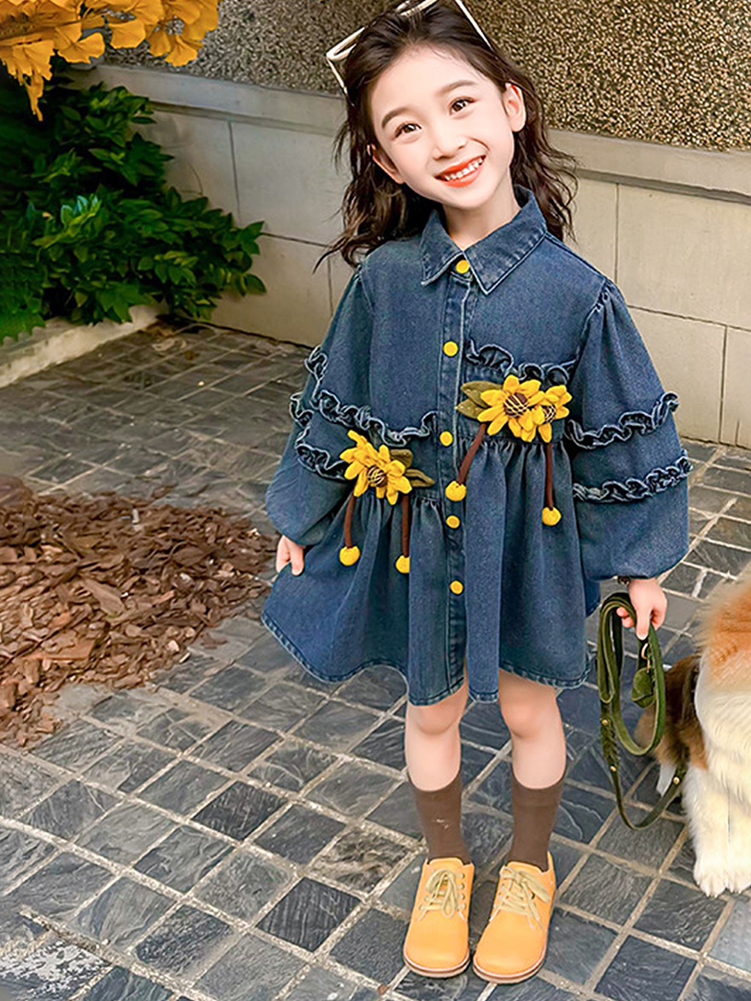 

LULU & SKY Girls Floral Applique Denim Dress, Blue