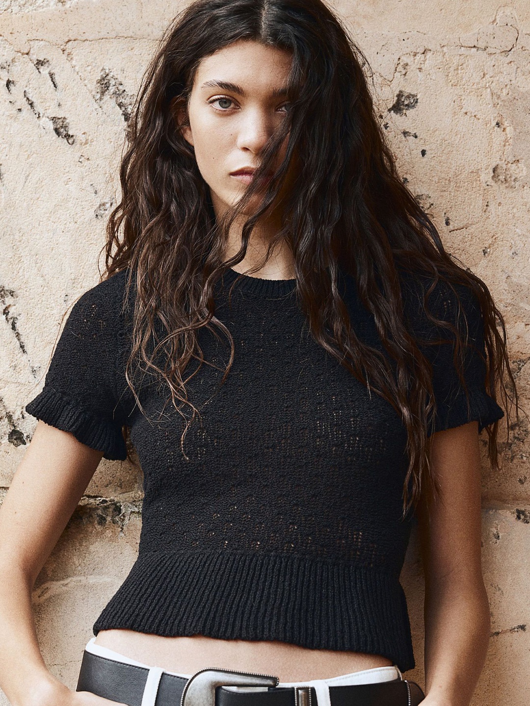 

H&M Frill-Trimmed Pointelle-Knit Top, Black