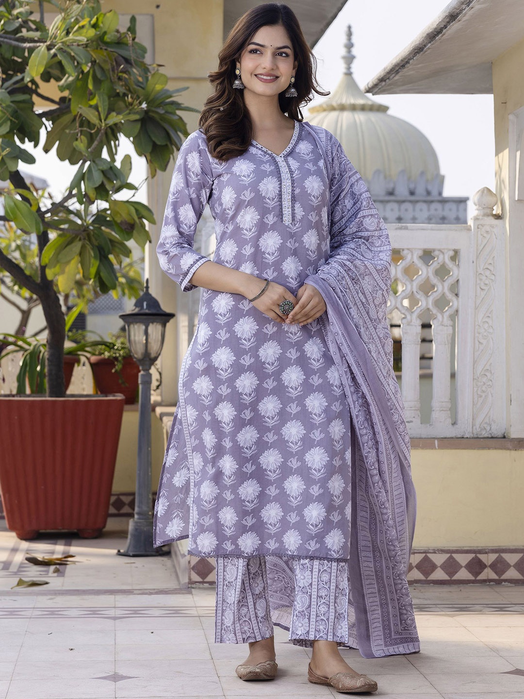 

Anouk Floral Printed Mirror Work V-Neck Straight Pure Cotton Kurta With Trousers & Dupatta, Purple