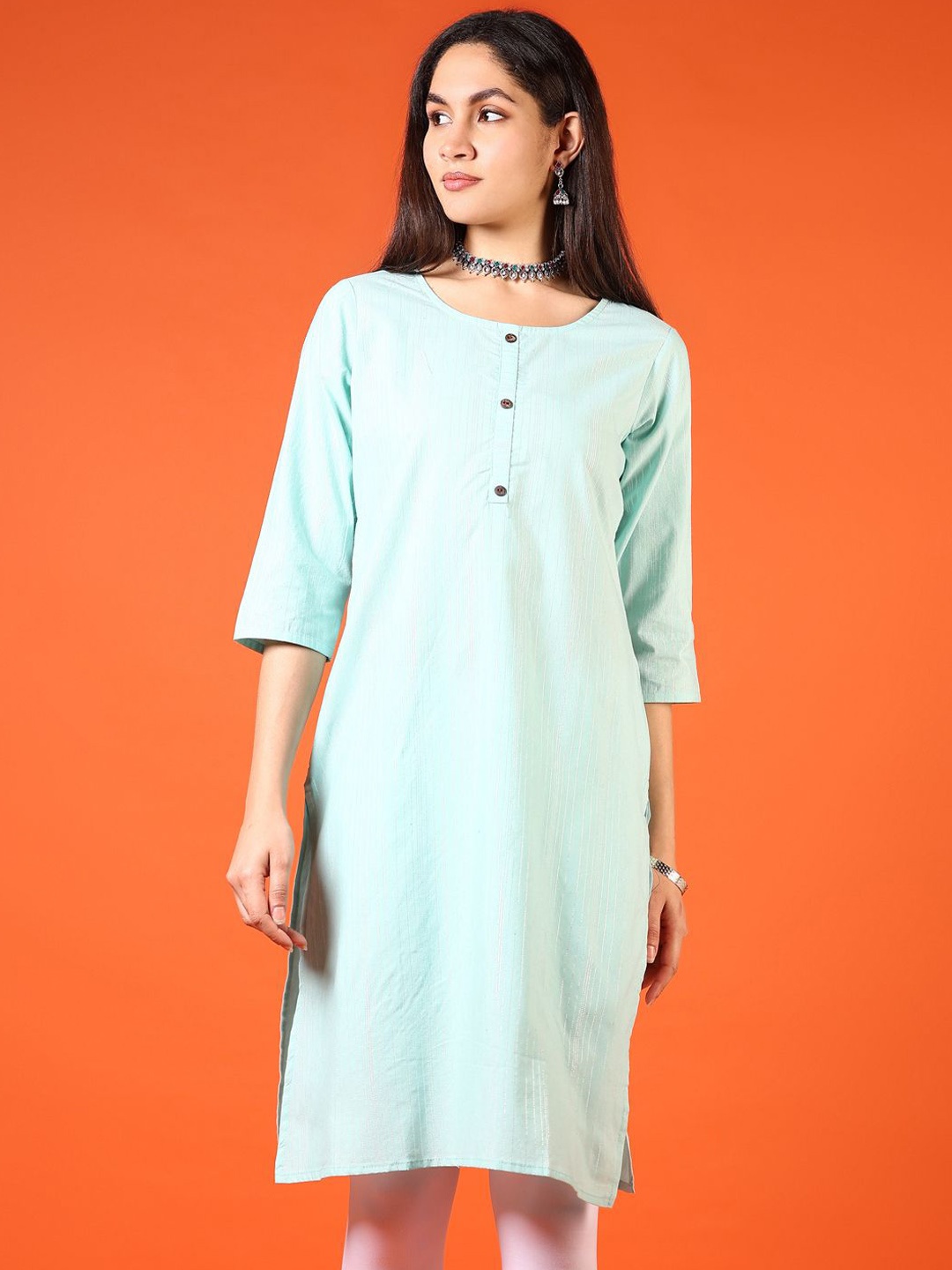

V-Mart Striped Woven Design Round Neck Cotton Straight Kurta, Sea green