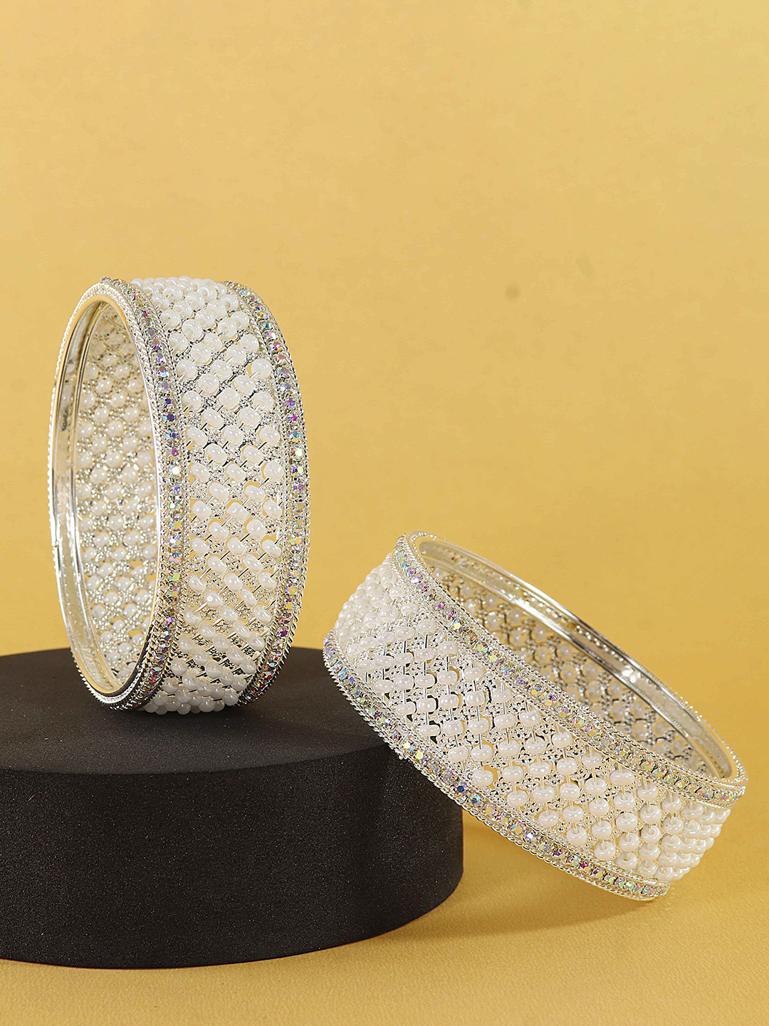 

ZULKA Set Of 2 Silver-Plated Artificial Stones and Beads-Studded Kada Bangles