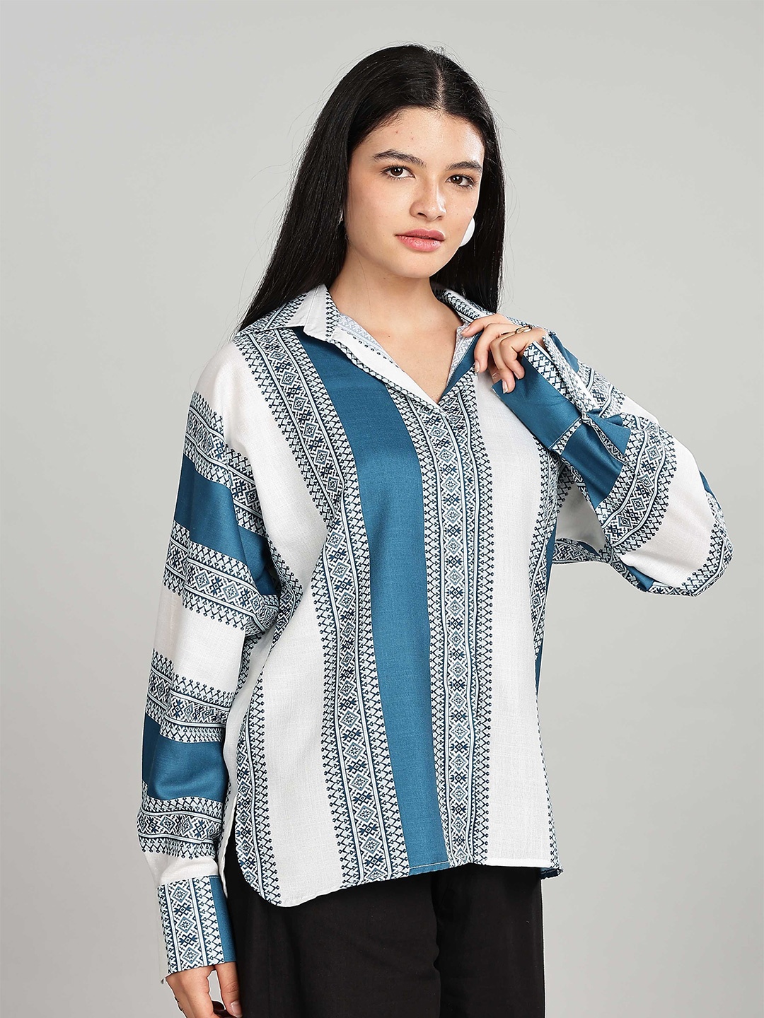 

HERE&NOW Women Relaxed Fit Spread Collar Ethnic Motifs Printed Casual Shirt, White