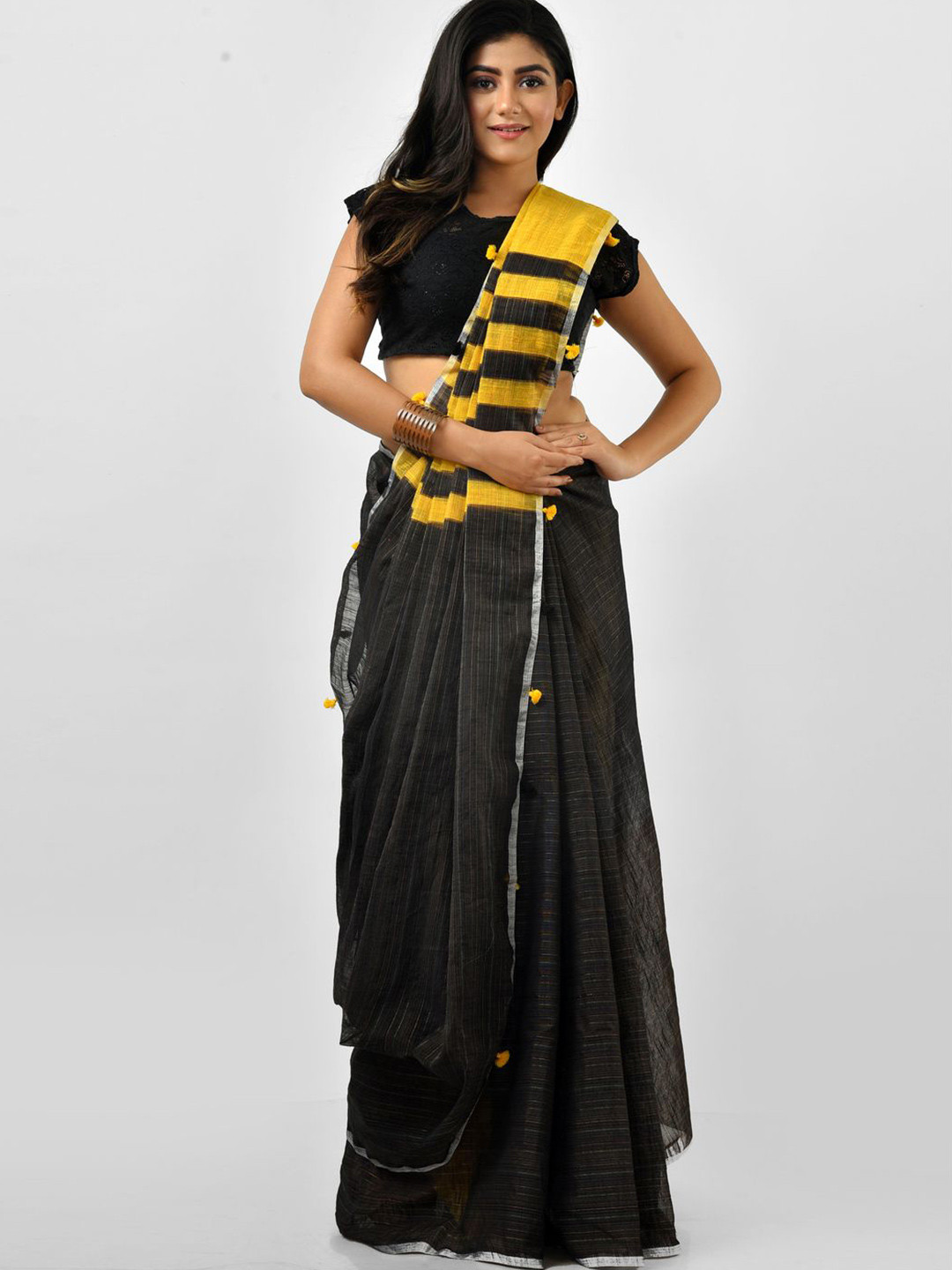 

Crochetin Striped Zari Ready to Wear Saree, Black