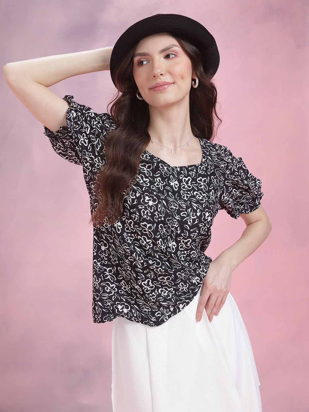 

DressBerry Floral Print Sweetheart Neck Monochrome Top, Black