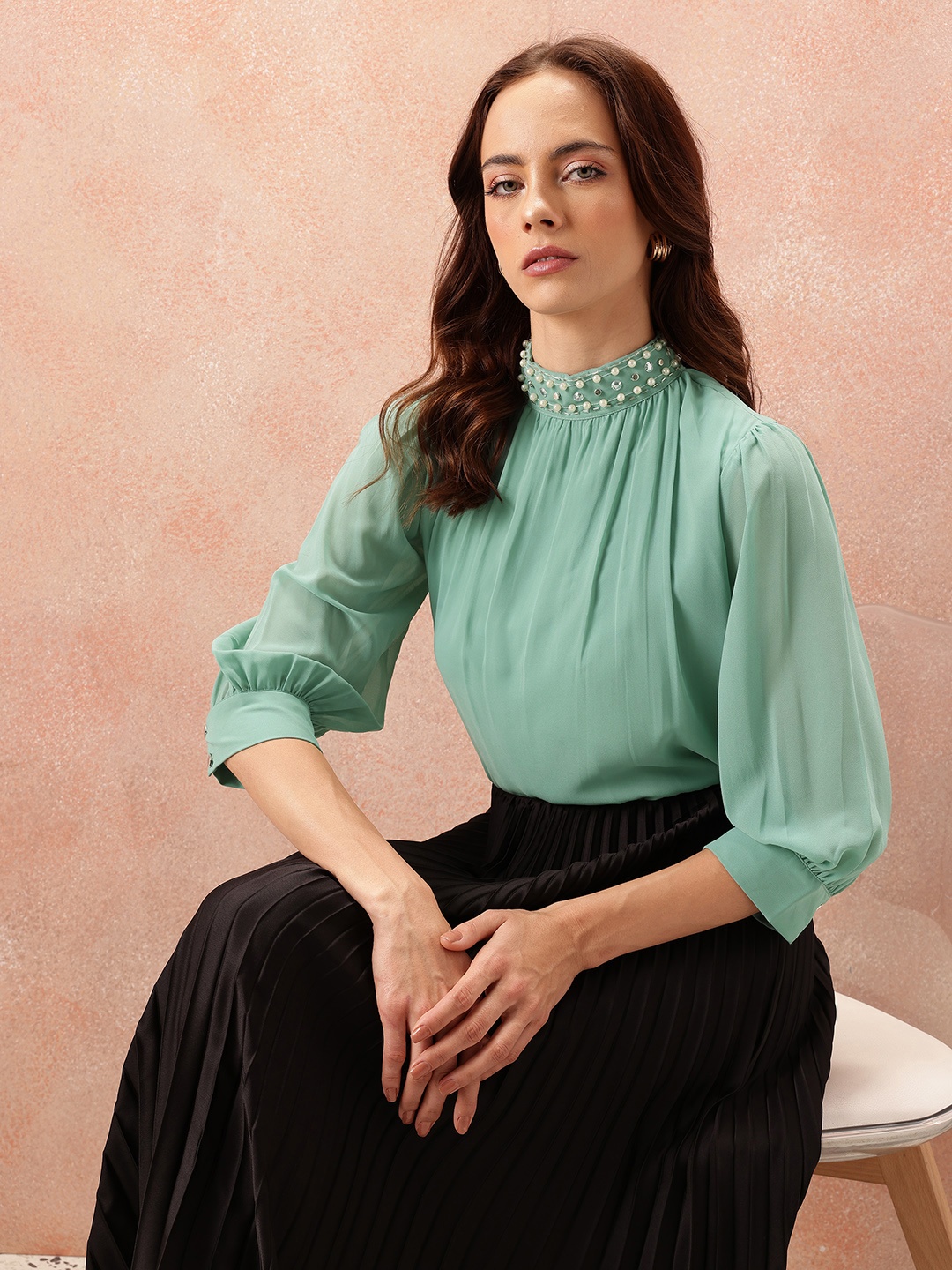 

all about you Embellished High Neck Top, Green