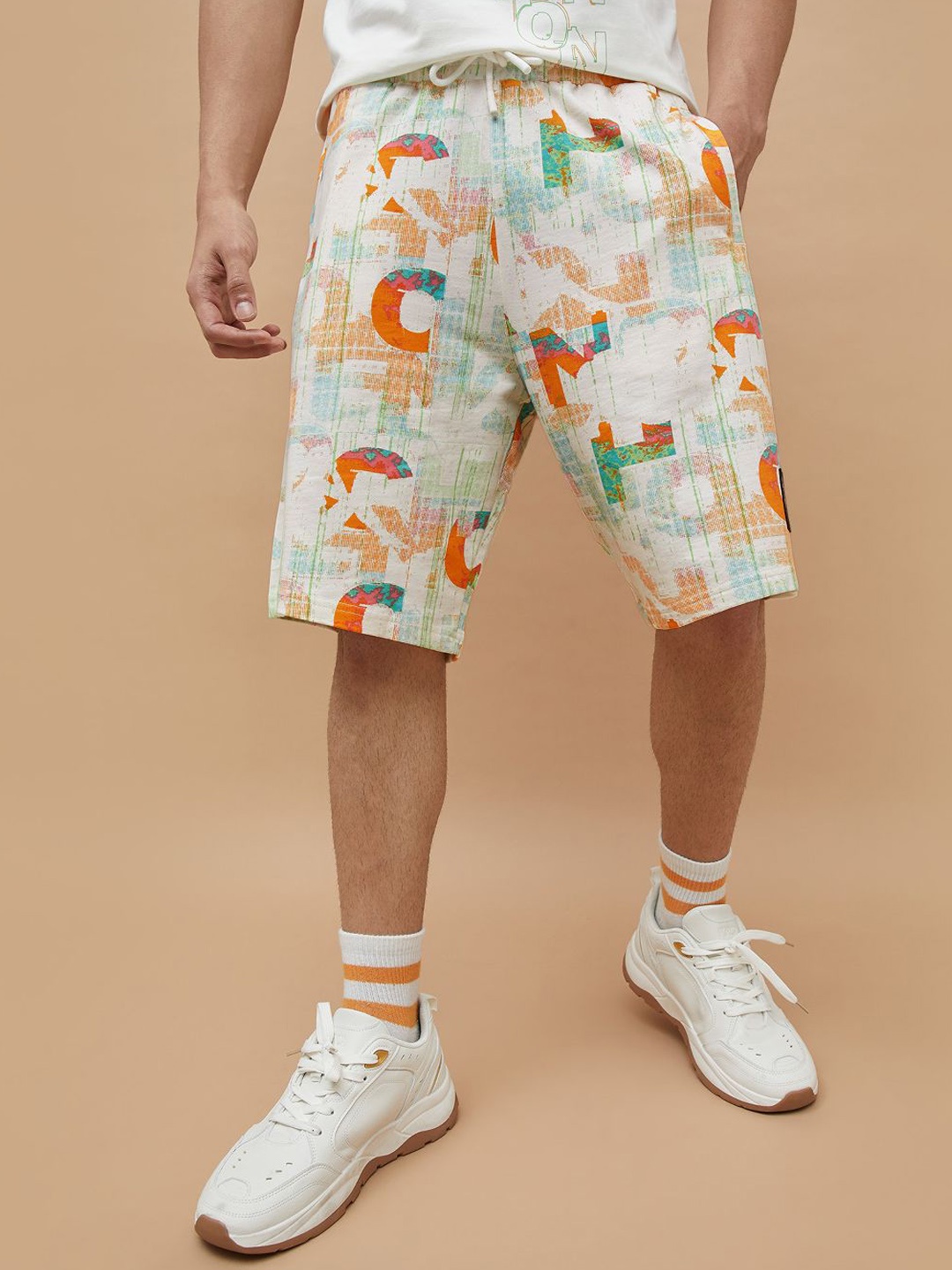 

Kappa Men Printed Regular Fit Mid-Rise Cotton Shorts, Off white