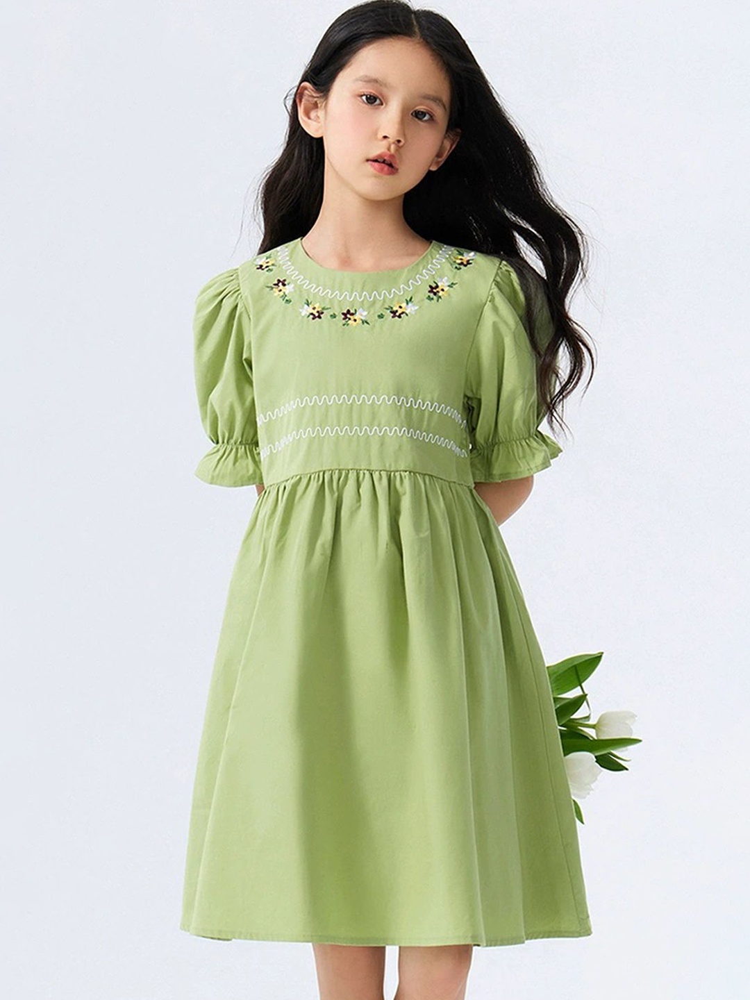 

LULU & SKY Girls Puff Sleeve Embroidered Cotton Fit & Flare Dress, Green