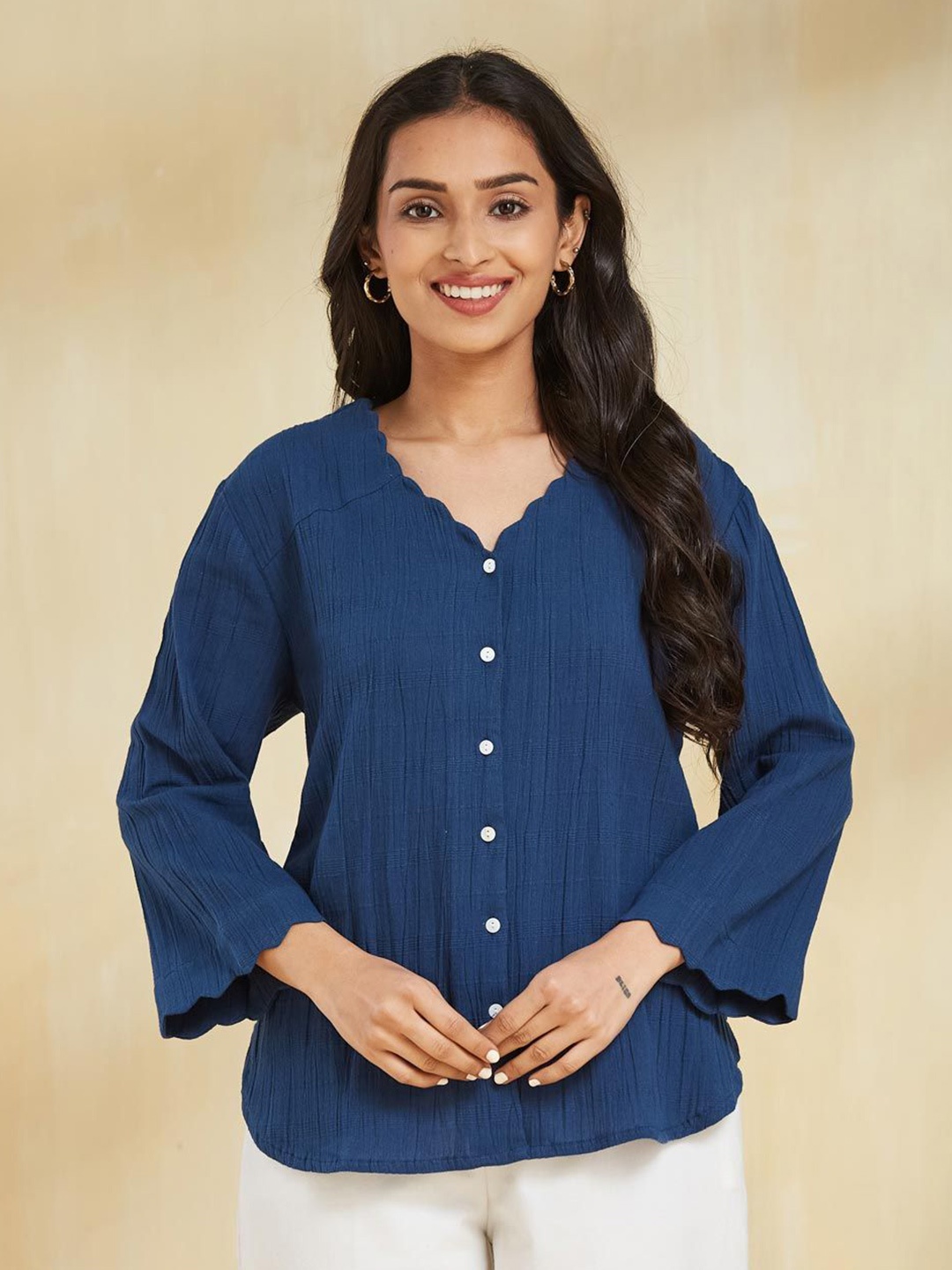 

Fabindia Women Textured V-Neck Cotton Top, Navy blue