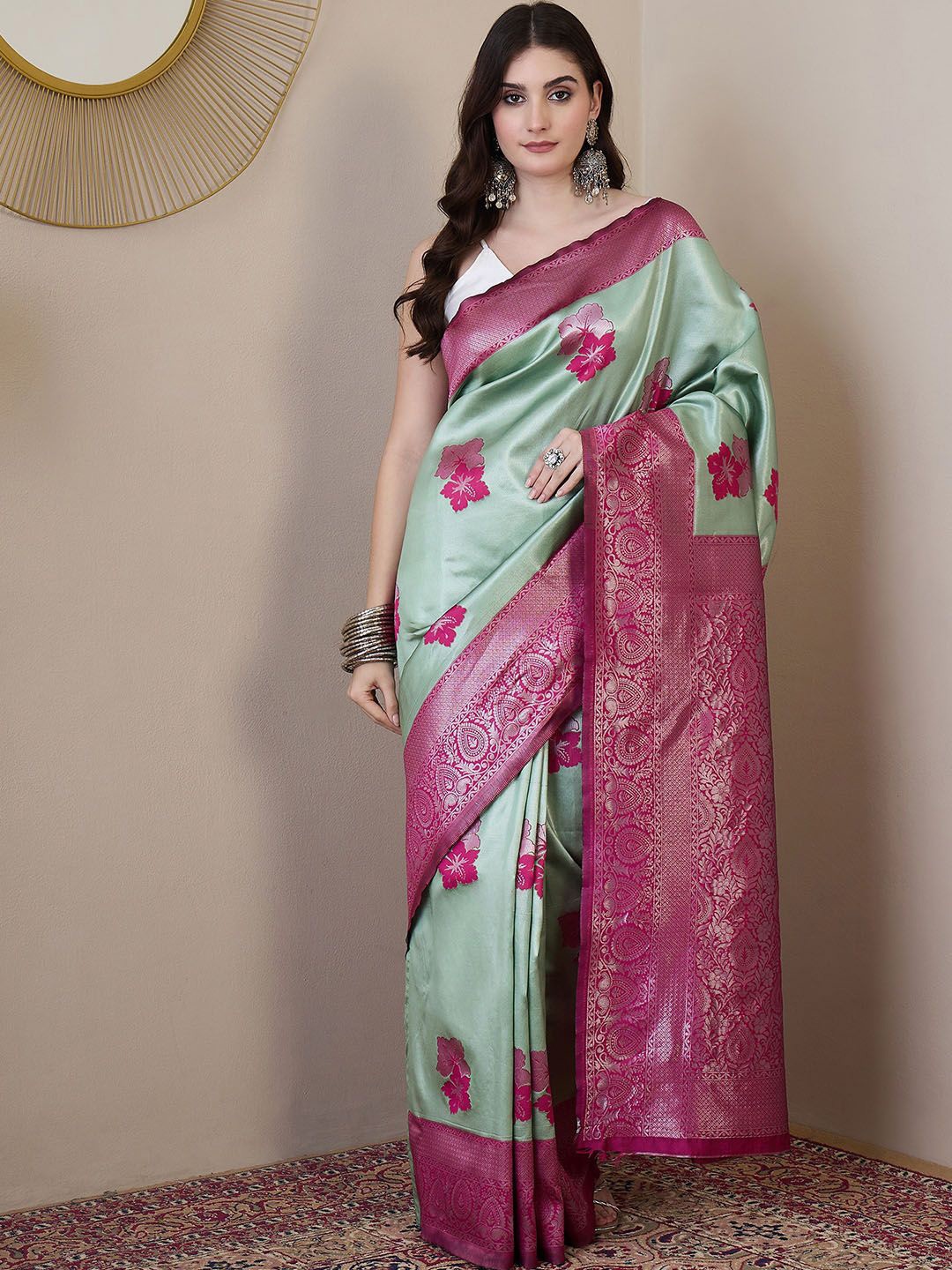 

KALINI Floral Zari Silk Blend Banarasi Saree, Green