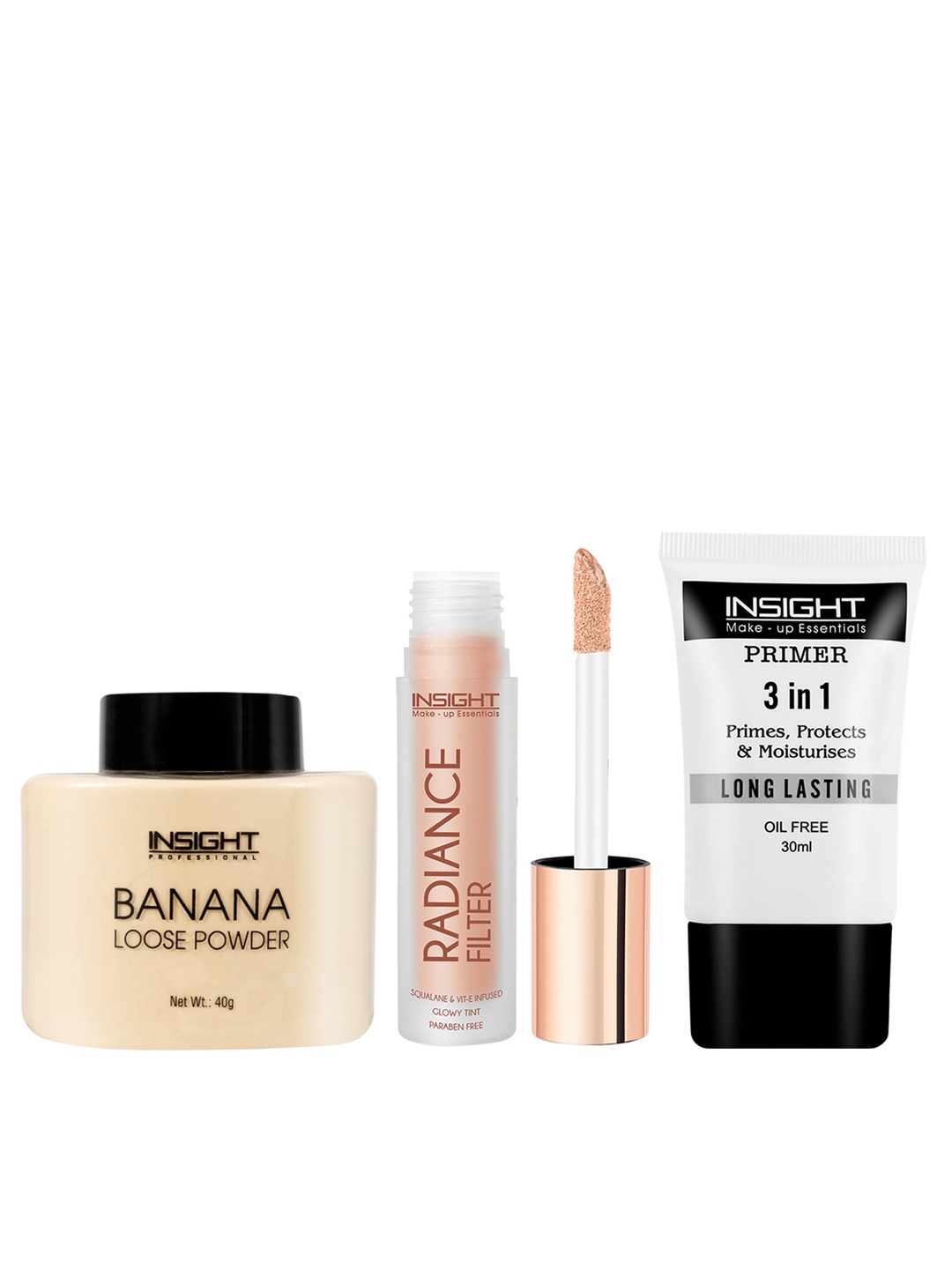 

Insight Cosmetics Set of Banana Loose Powder 40g + Radiance Filter 11g + 3In1 Primer 30ml, Transparent