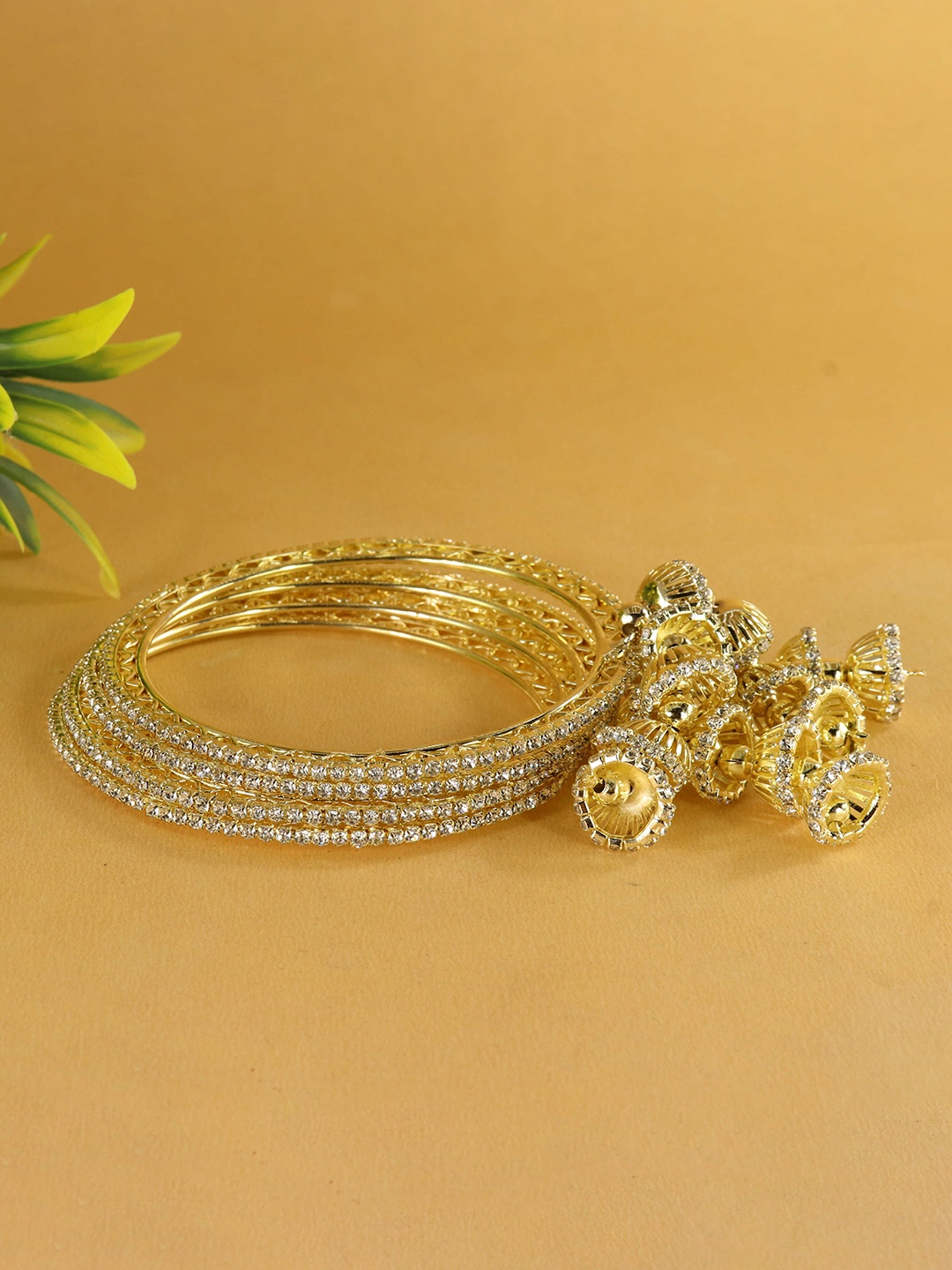 

ZULKA Set Of 4 Gold-Plated American Diamond Stone Studded Latkan Bangles