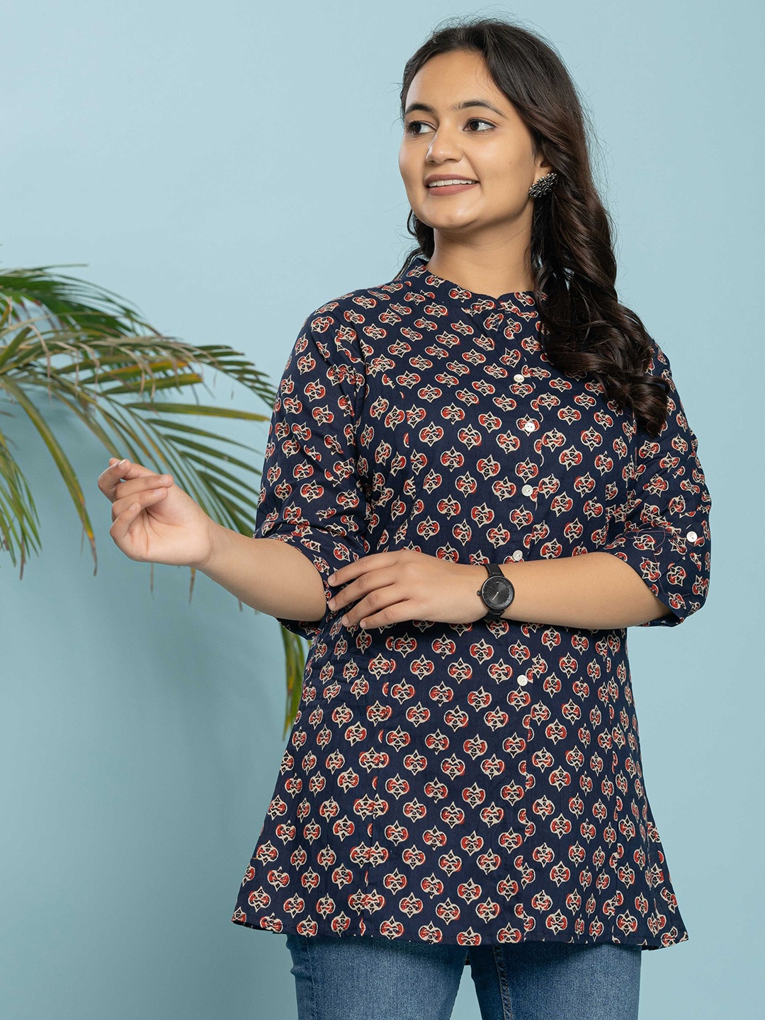 

KALINI Women Ethnic Motifs Printed Pure Cotton A-Line Kurti, Blue