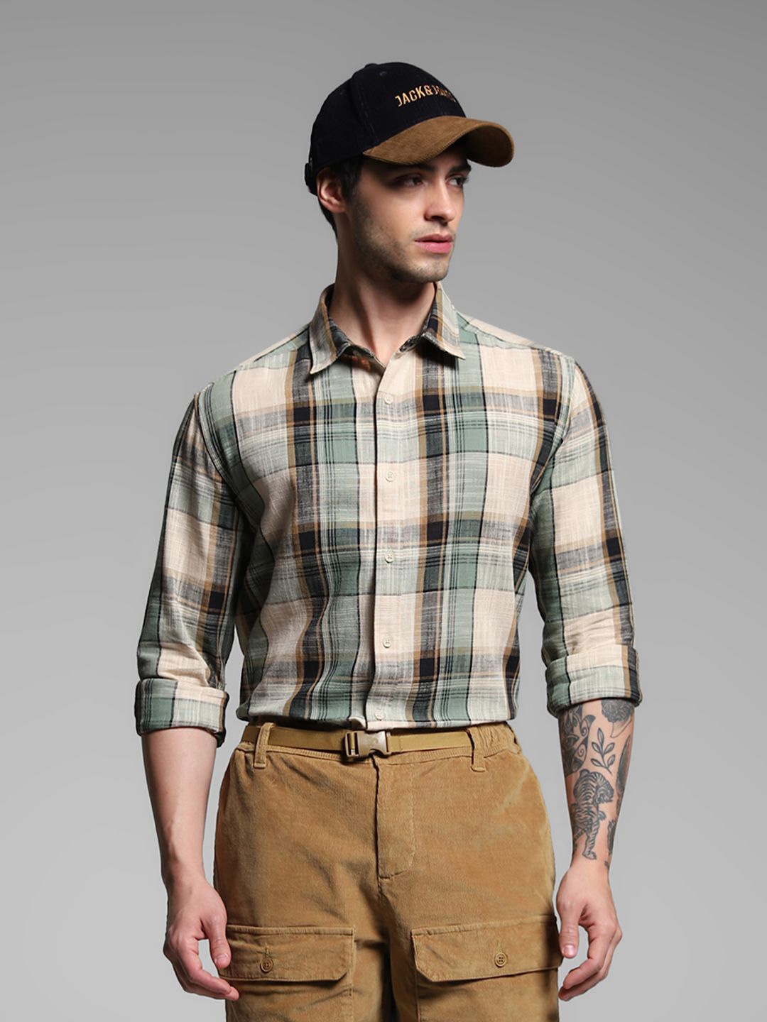 

Jack & Jones Men Spread Collar Checked Cotton Casual Shirt, Beige